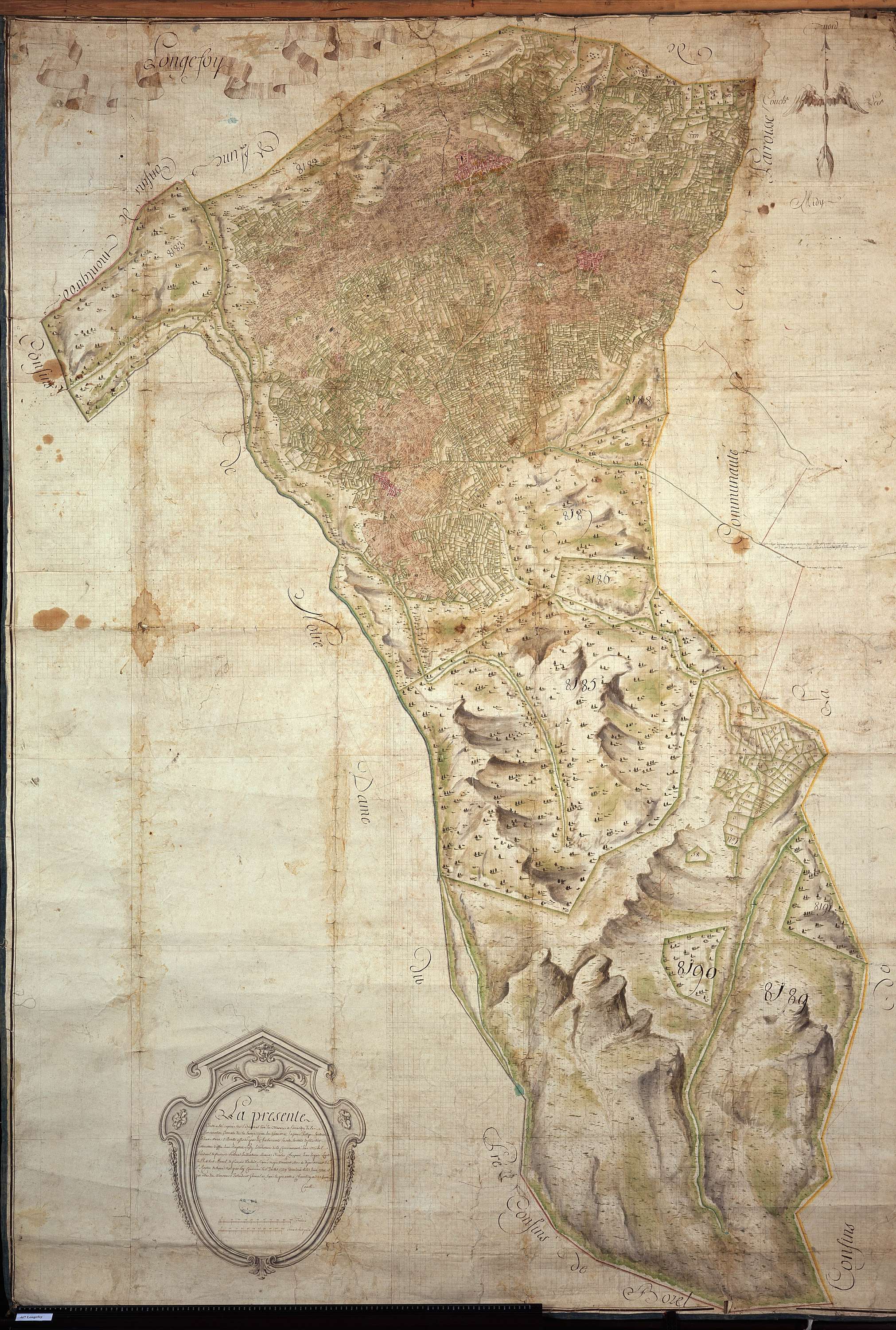 Aime - Copie de la mappe originale (plan cadastral) de la commune de Longefoy. Signée Cocelli, directeur de la péréquation.