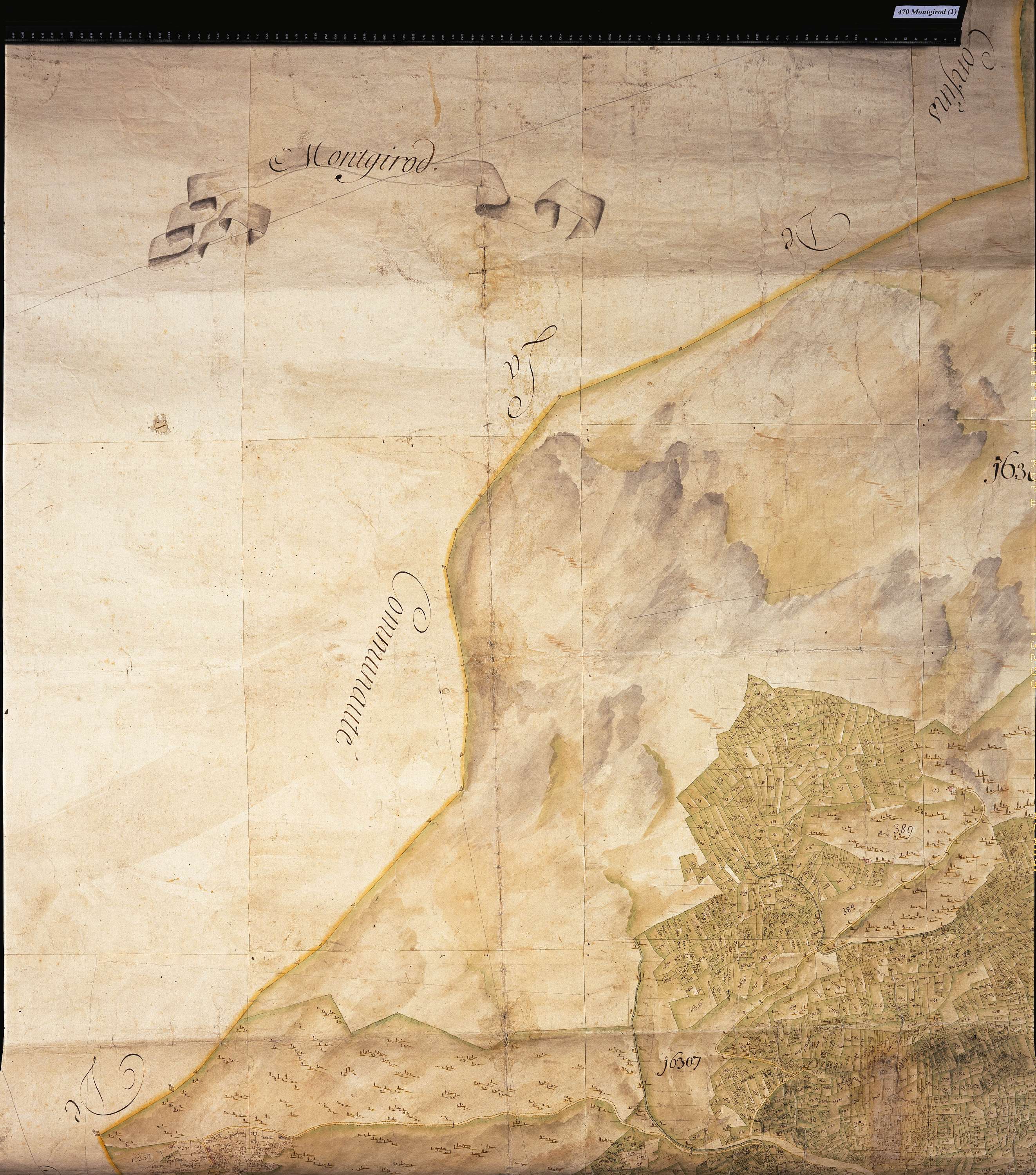 Aime - Copie de la mappe originale (plan cadastral) de la commune de Montgirod. Signée Cocelli, directeur du bureau de la péréquation générale.
