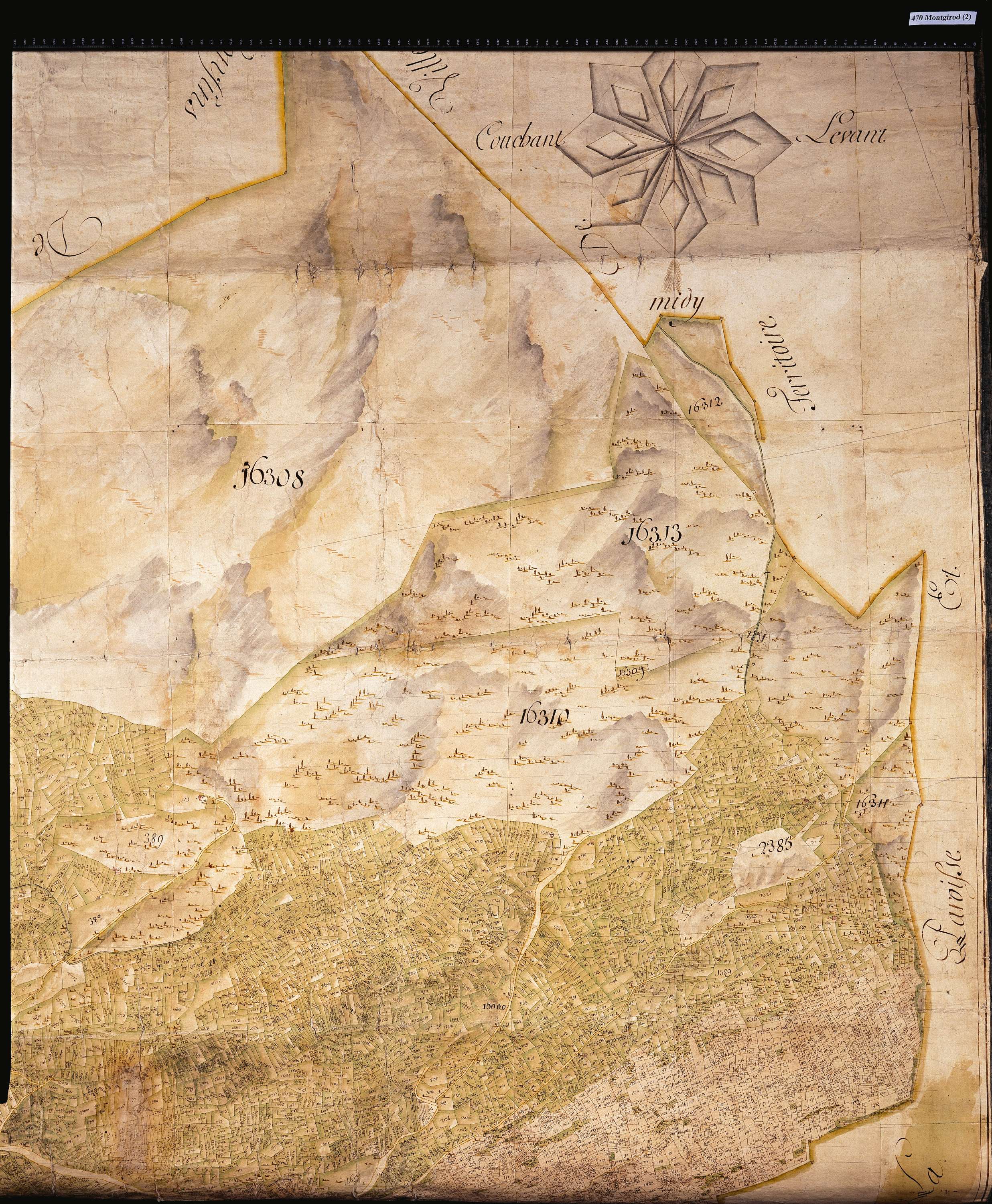 Aime - Copie de la mappe originale (plan cadastral) de la commune de Montgirod. Signée Cocelli, directeur du bureau de la péréquation générale.