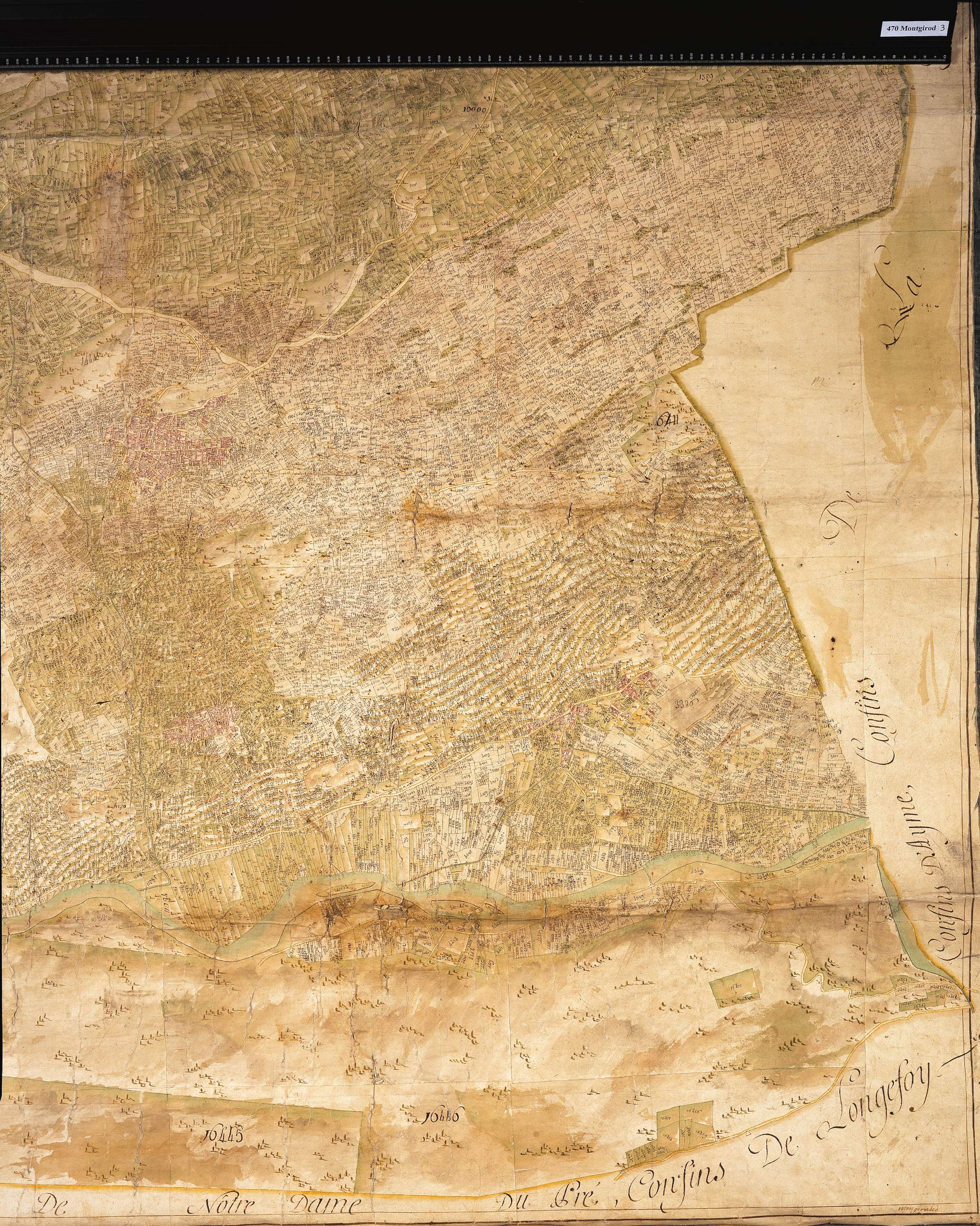 Aime - Copie de la mappe originale (plan cadastral) de la commune de Montgirod. Signée Cocelli, directeur du bureau de la péréquation générale.