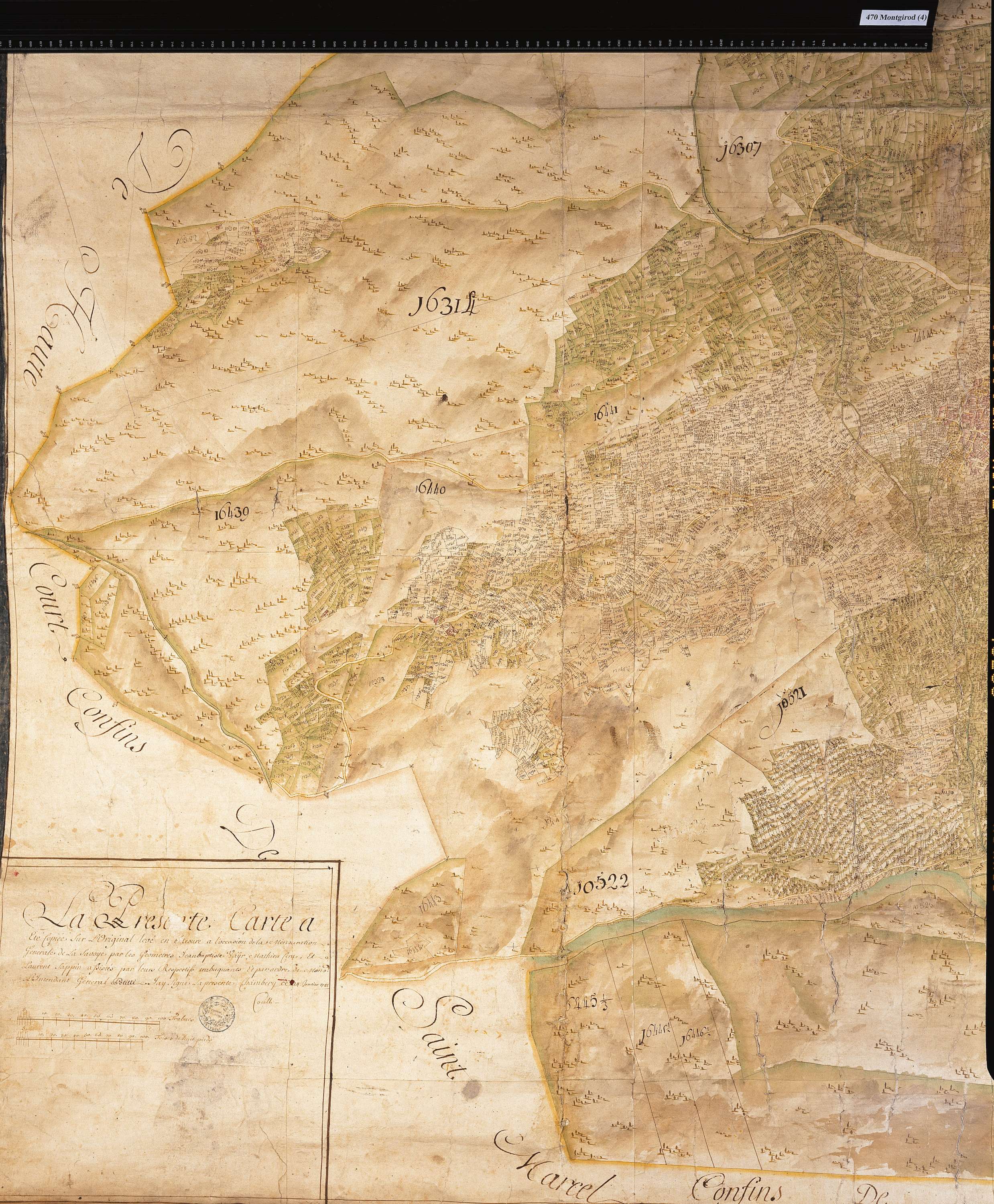 Aime - Copie de la mappe originale (plan cadastral) de la commune de Montgirod. Signée Cocelli, directeur du bureau de la péréquation générale.
