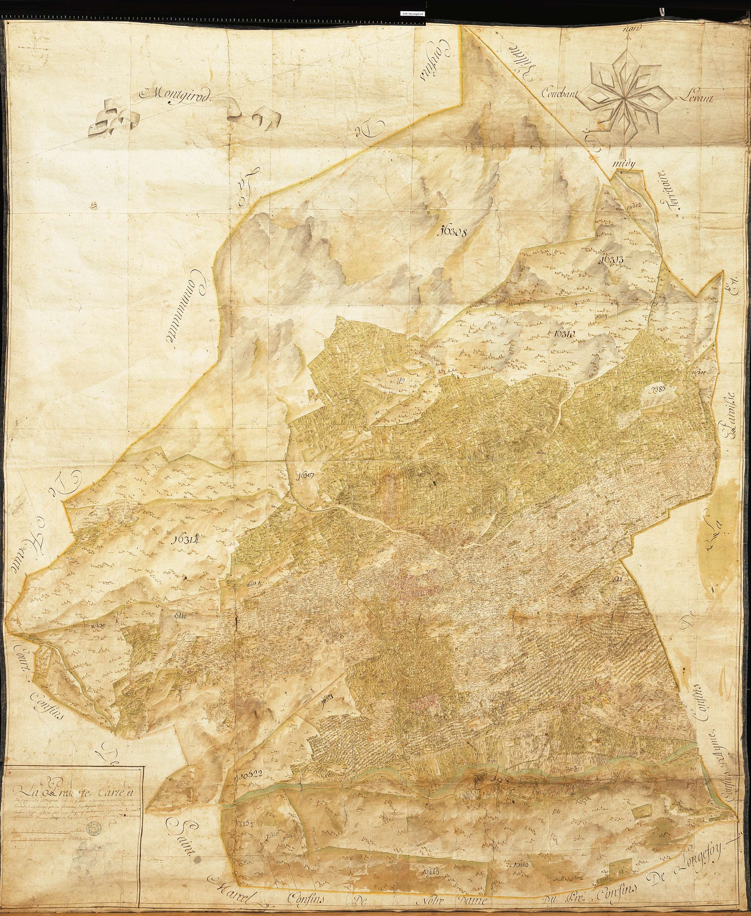 Aime - Copie de la mappe originale (plan cadastral) de la commune de Montgirod. Signée Cocelli, directeur du bureau de la péréquation générale.