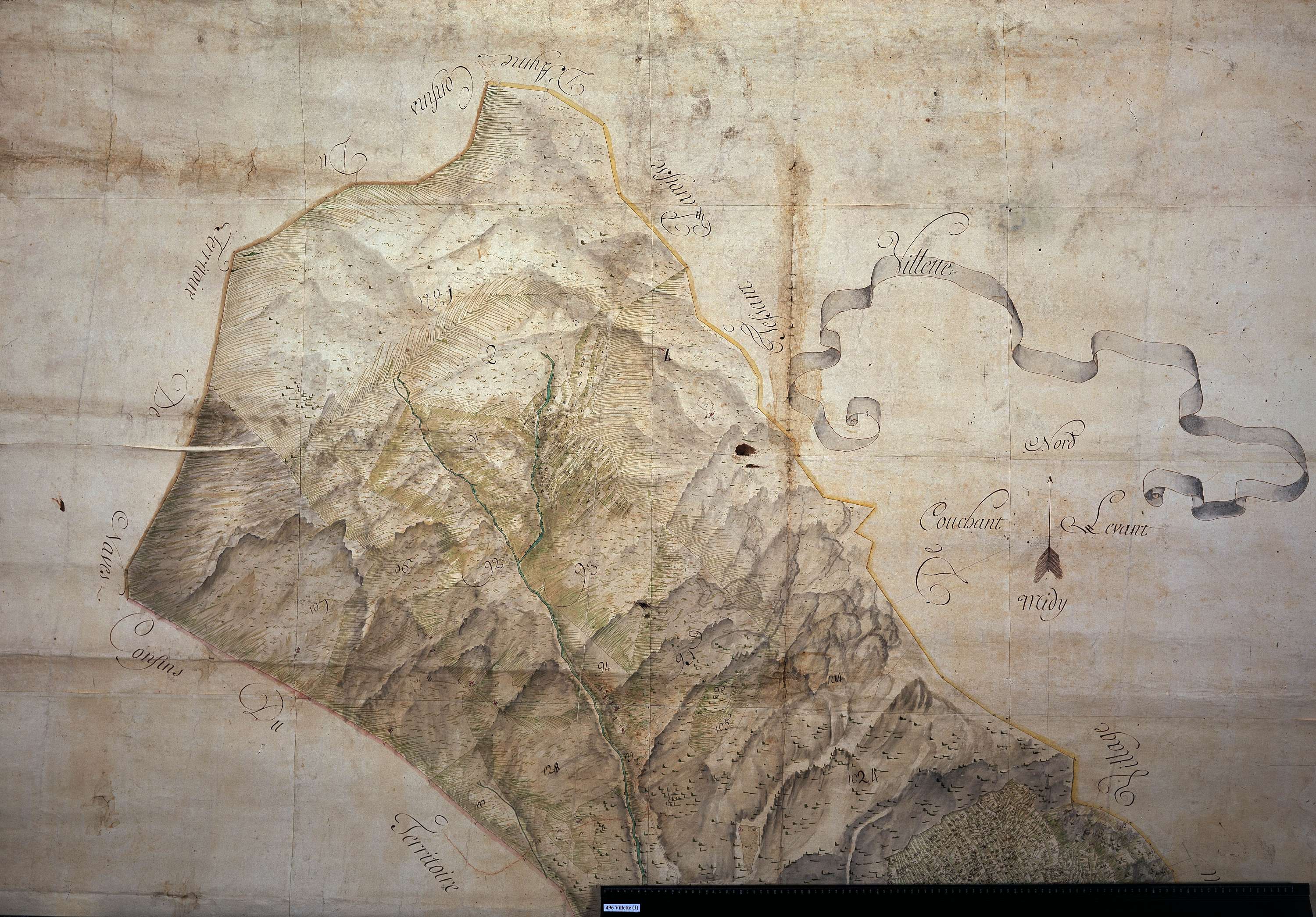 Aime - Copie de la mappe originale (plan cadastral) de la commune de Villette (plan cadastral), dans lequel sont figurées et numérotées les 8251 parcelles qui composent le territoire de la commune. Signée Cocelli, directeur de la péréquation. (La mappe or