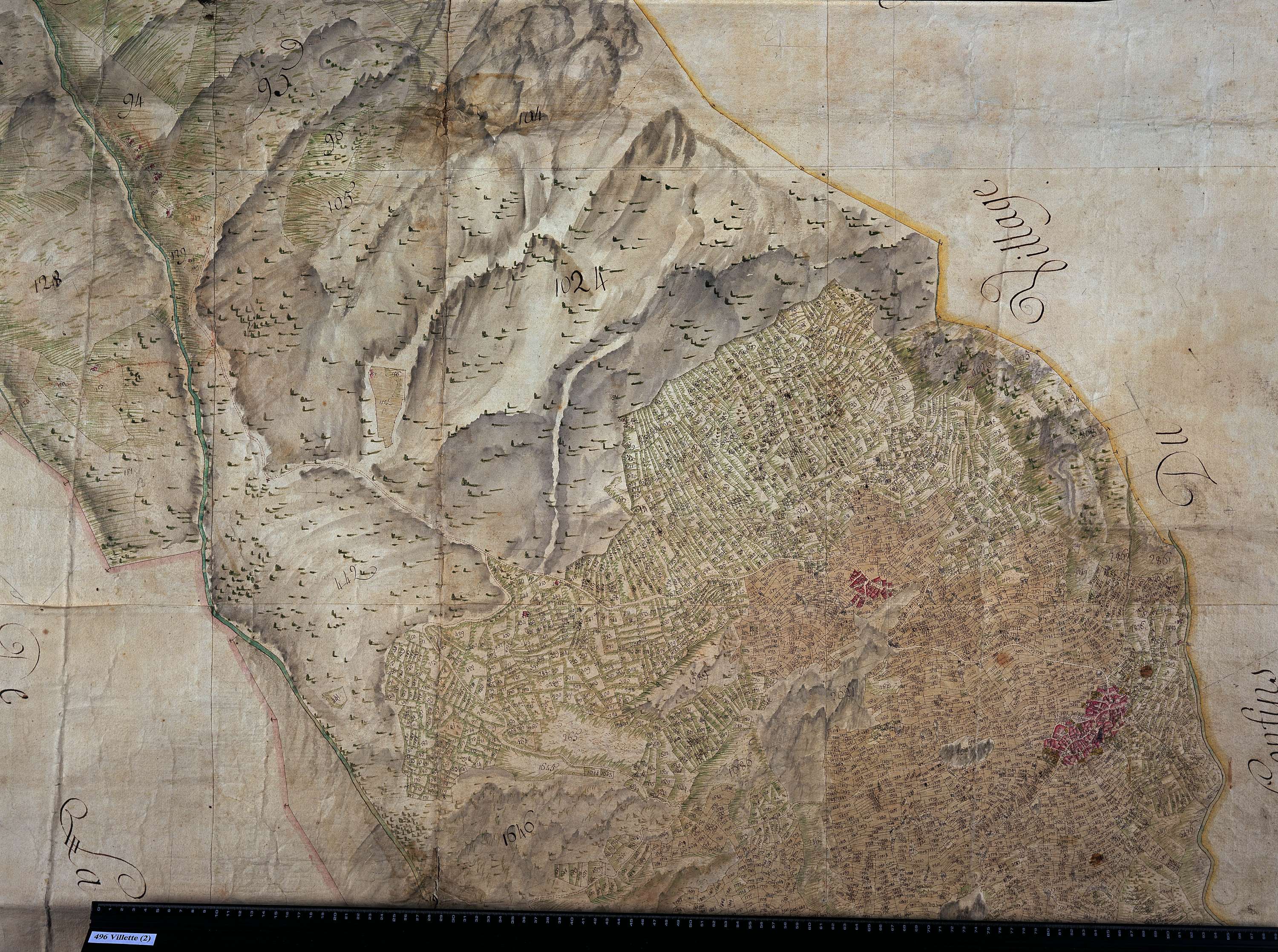 Aime - Copie de la mappe originale (plan cadastral) de la commune de Villette (plan cadastral), dans lequel sont figurées et numérotées les 8251 parcelles qui composent le territoire de la commune. Signée Cocelli, directeur de la péréquation. (La mappe or