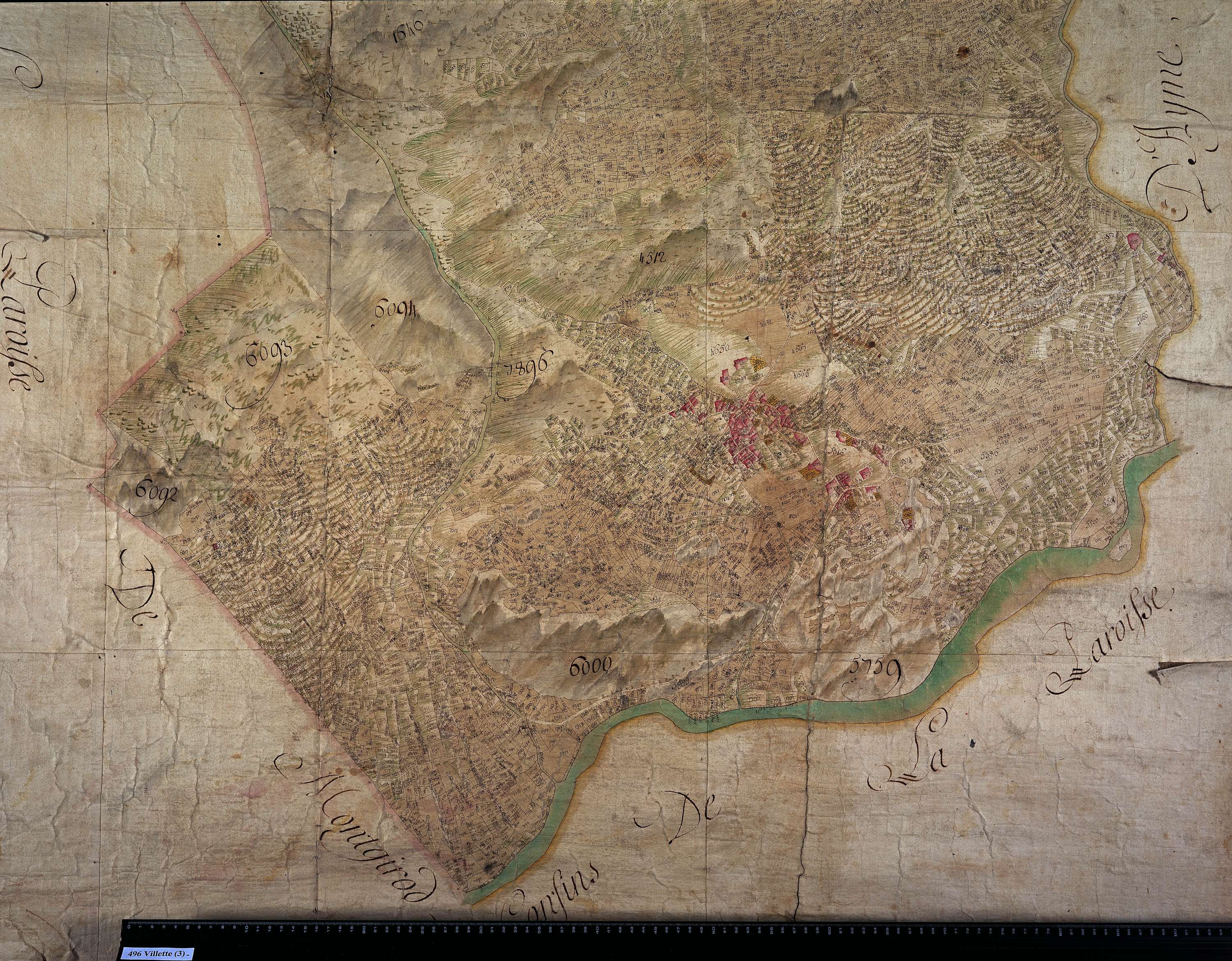 Aime - Copie de la mappe originale (plan cadastral) de la commune de Villette (plan cadastral), dans lequel sont figurées et numérotées les 8251 parcelles qui composent le territoire de la commune. Signée Cocelli, directeur de la péréquation. (La mappe or