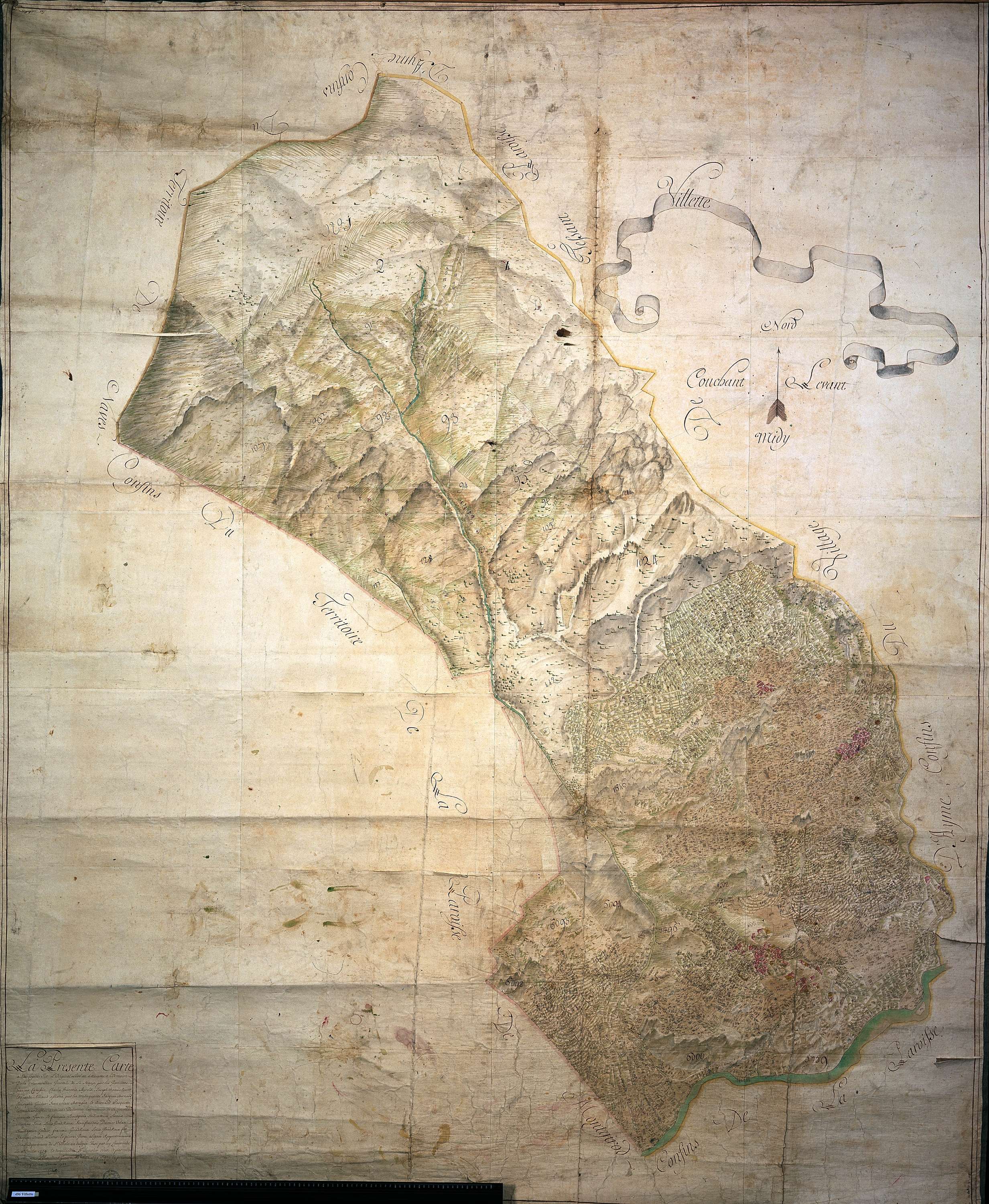 Aime - Copie de la mappe originale (plan cadastral) de la commune de Villette (plan cadastral), dans lequel sont figurées et numérotées les 8251 parcelles qui composent le territoire de la commune. Signée Cocelli, directeur de la péréquation. (La mappe or