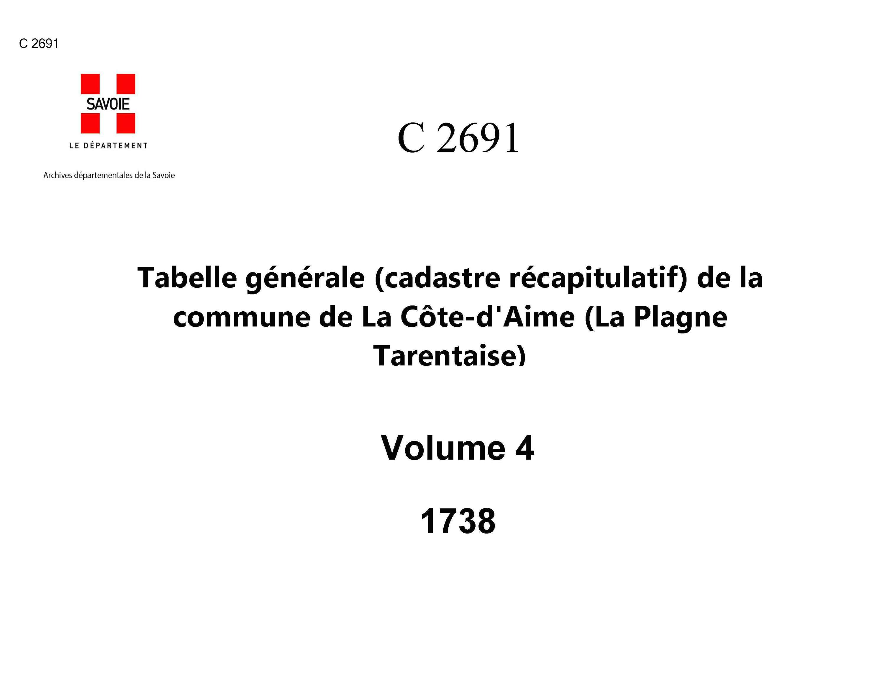 Aime - Tabelle générale (cadastre récapitulatif) de la commune de La Côte-d'Aine (Saint-Amédée-de-la-Côte). - 4e volume. Lettres H à P.