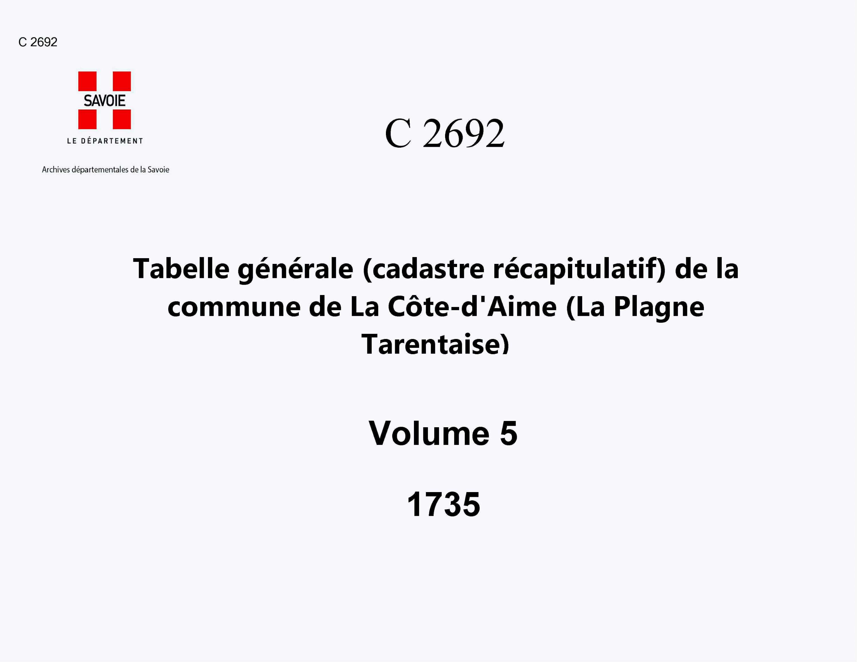 Aime - Tabelle générale (cadastre récapitulatif) de la commune de La Côte-d'Aine (Saint-Amédée-de-la-Côte). - 5e volume. Lettres P à S.