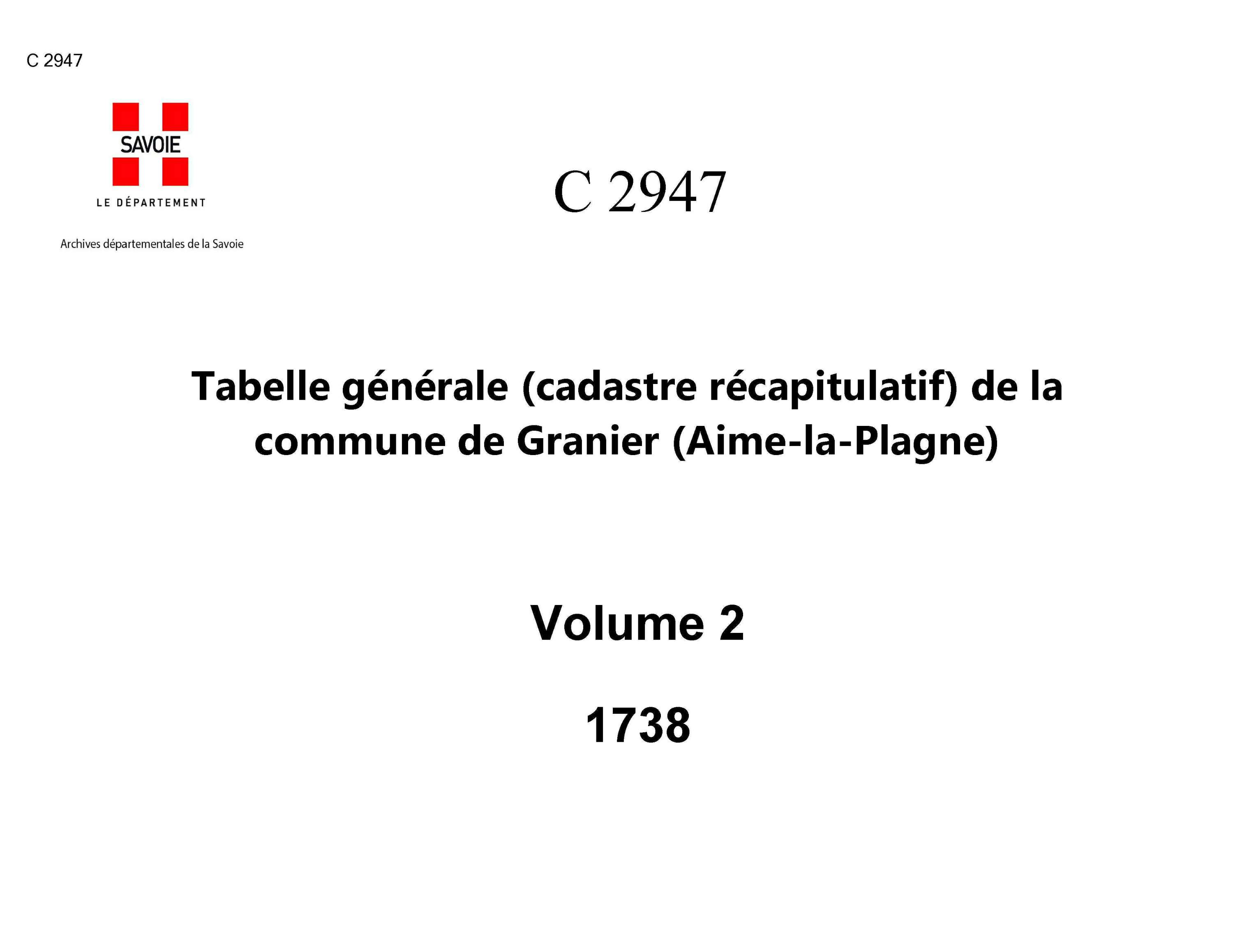 Aime - Tabelle générale (cadastre récapitulatif) de la commune de Gravier. - 2e volume. Lettres B à C.