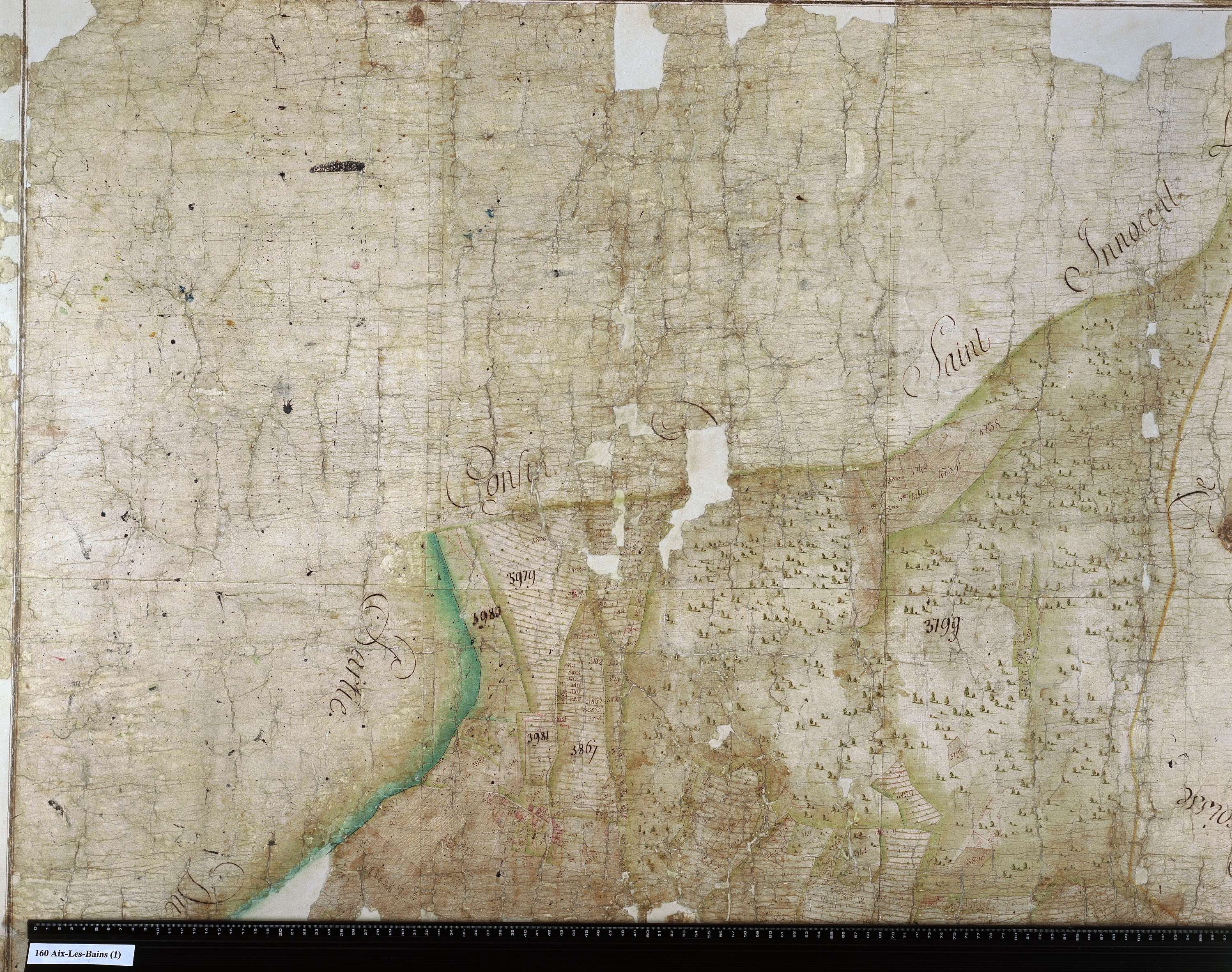 Aix-les-Bains - Copie de la mappe originale (plan cadastral) de la commune d’Aix. Signée Cocelli, directeur du bureau de la péréquation.