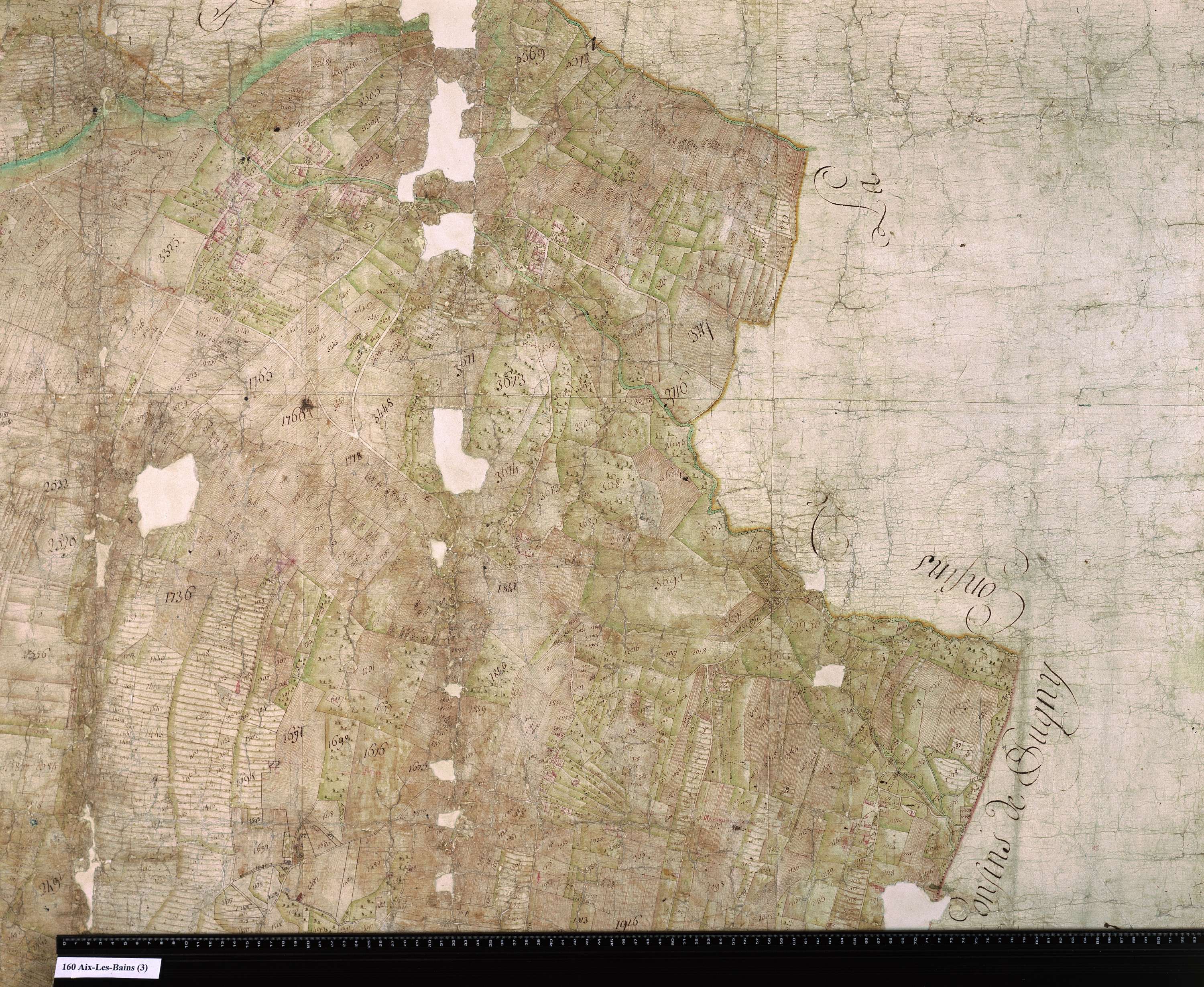 Aix-les-Bains - Copie de la mappe originale (plan cadastral) de la commune d’Aix. Signée Cocelli, directeur du bureau de la péréquation.