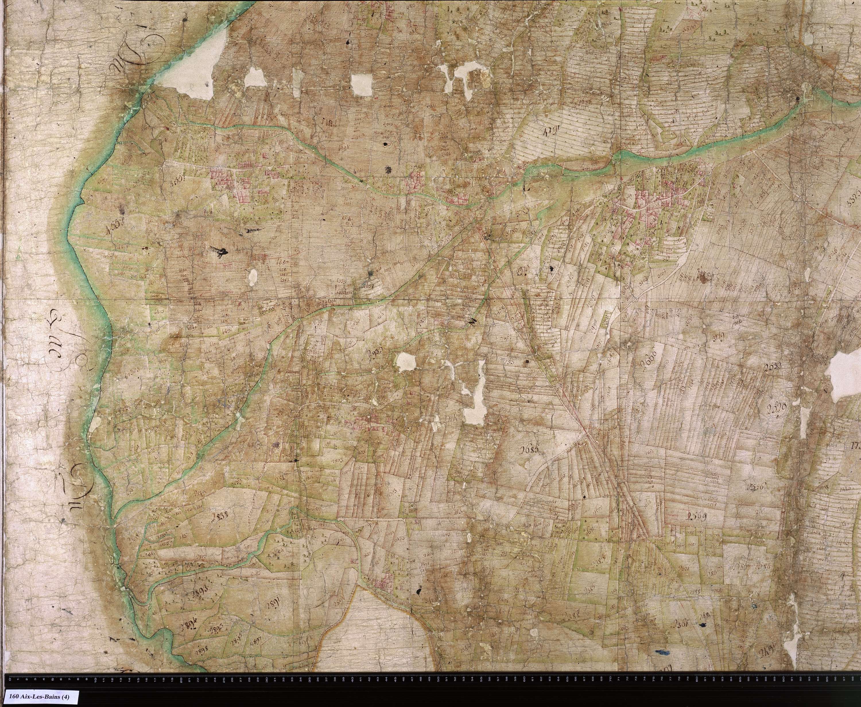 Aix-les-Bains - Copie de la mappe originale (plan cadastral) de la commune d’Aix. Signée Cocelli, directeur du bureau de la péréquation.