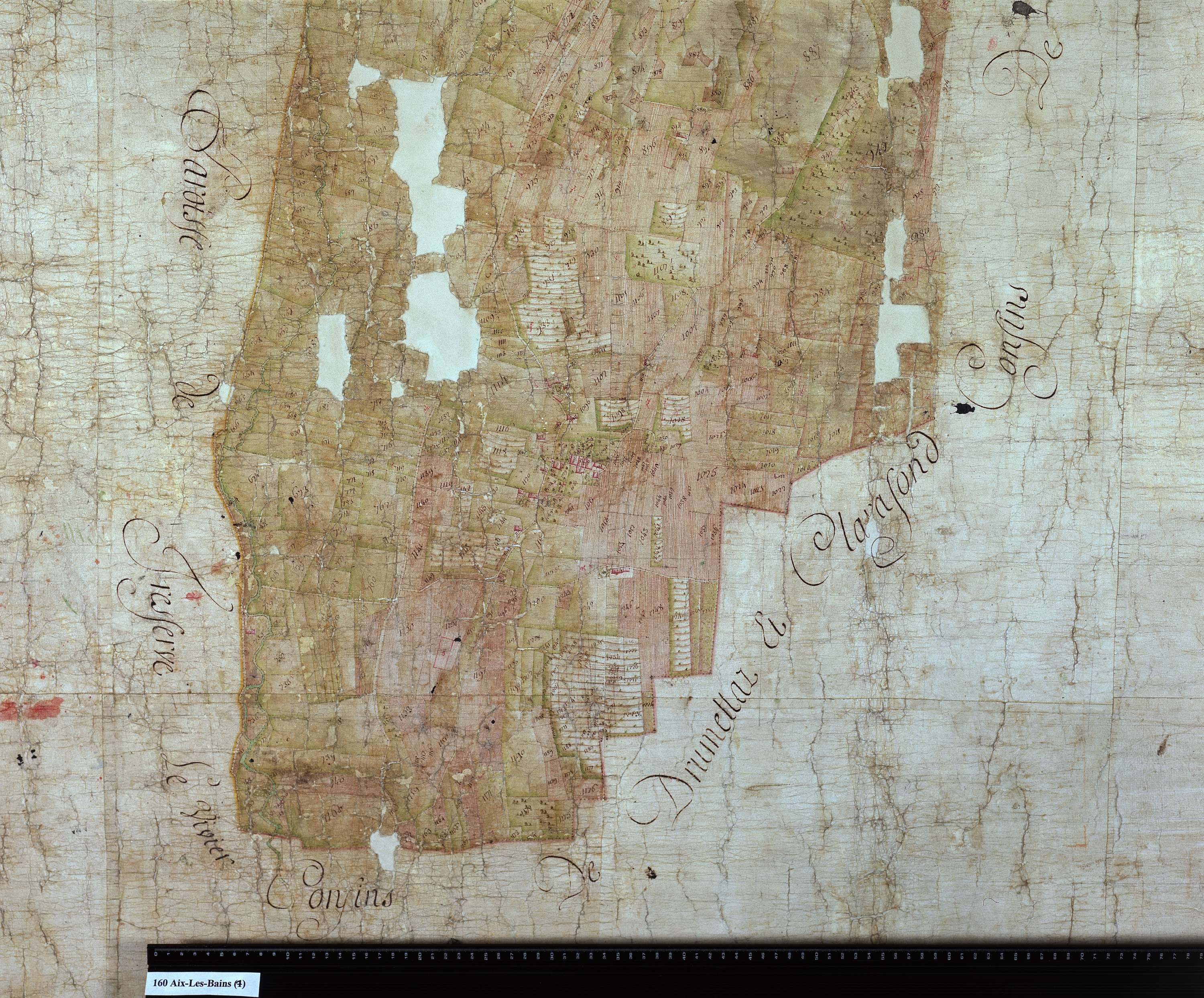 Aix-les-Bains - Copie de la mappe originale (plan cadastral) de la commune d’Aix. Signée Cocelli, directeur du bureau de la péréquation.