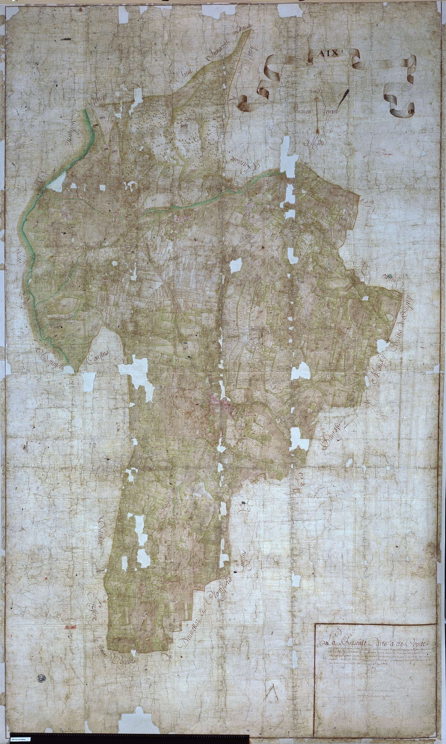 Aix-les-Bains - Copie de la mappe originale (plan cadastral) de la commune d’Aix. Signée Cocelli, directeur du bureau de la péréquation.