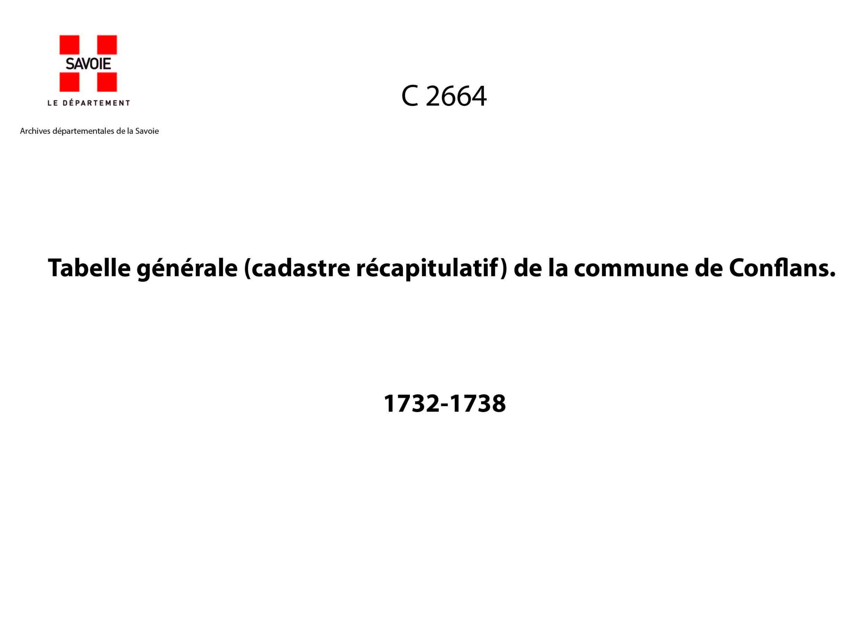 Albertville - Tabelle générale (cadastre récapitulatif) de la commune de Conflans. - 2e et dernier volume. - Certificat faisant connaître les droits d'affouage et d'alpéage appartenant au baron du Noyer, dans le mandement de Châtel. - État des dîmes payée