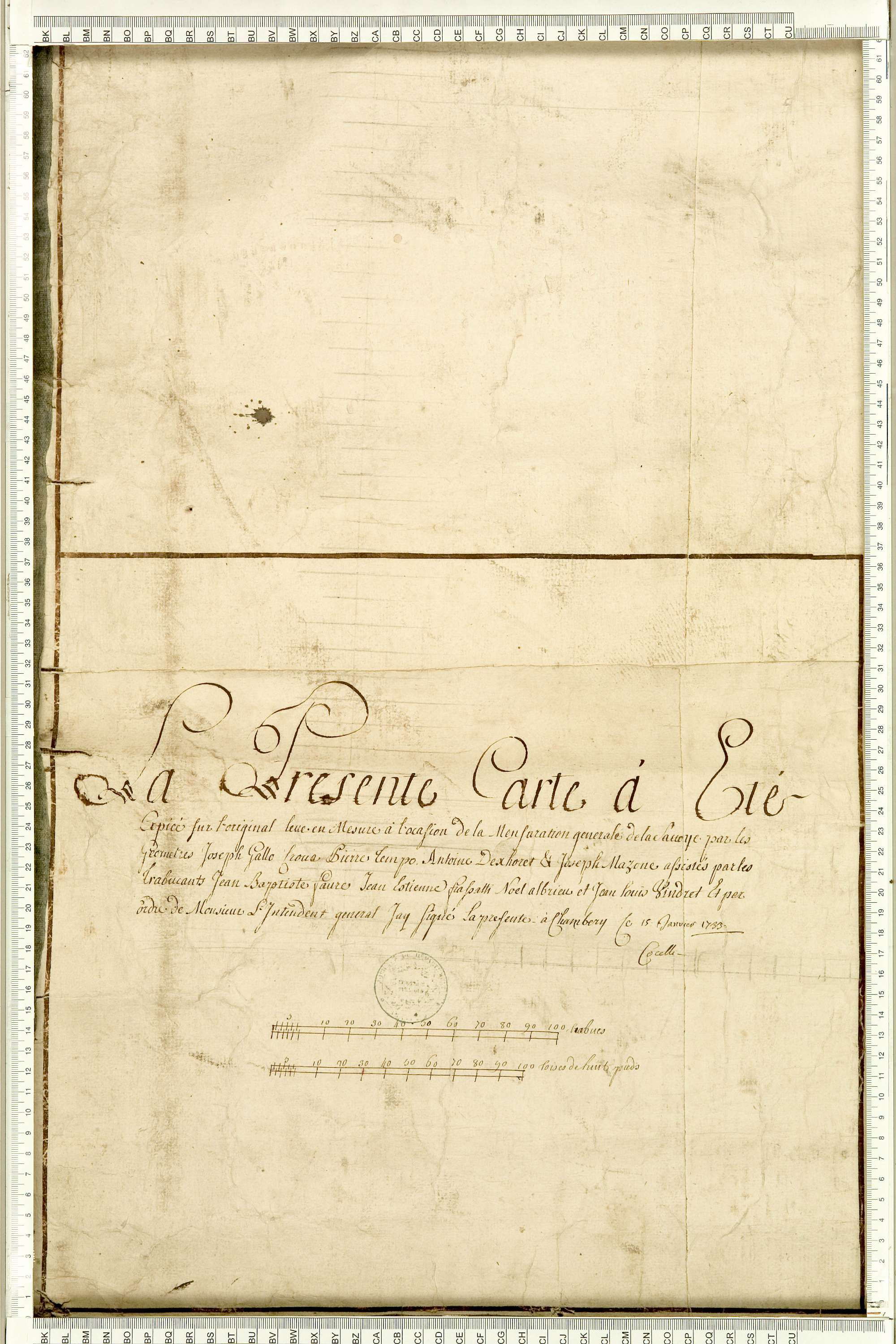 Albiez-Montrond - Copie de la mappe originale (plan cadastral) de la commune d’Albiez-le-Vieux. Signée Cocelli, directeur du bureau de la péréquation.