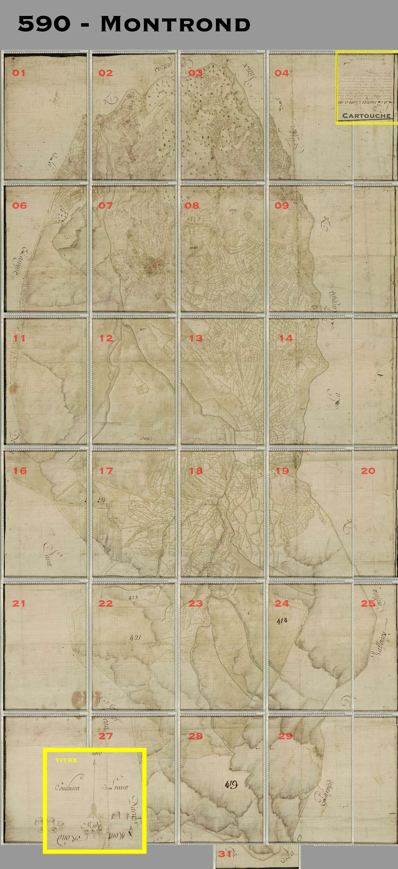 Albiez-Montrond - Copie de la mappe originale (plan cadastral) de la commune de Montrond. Signée Cocelli, directeur du bureau de la péréquation générale.