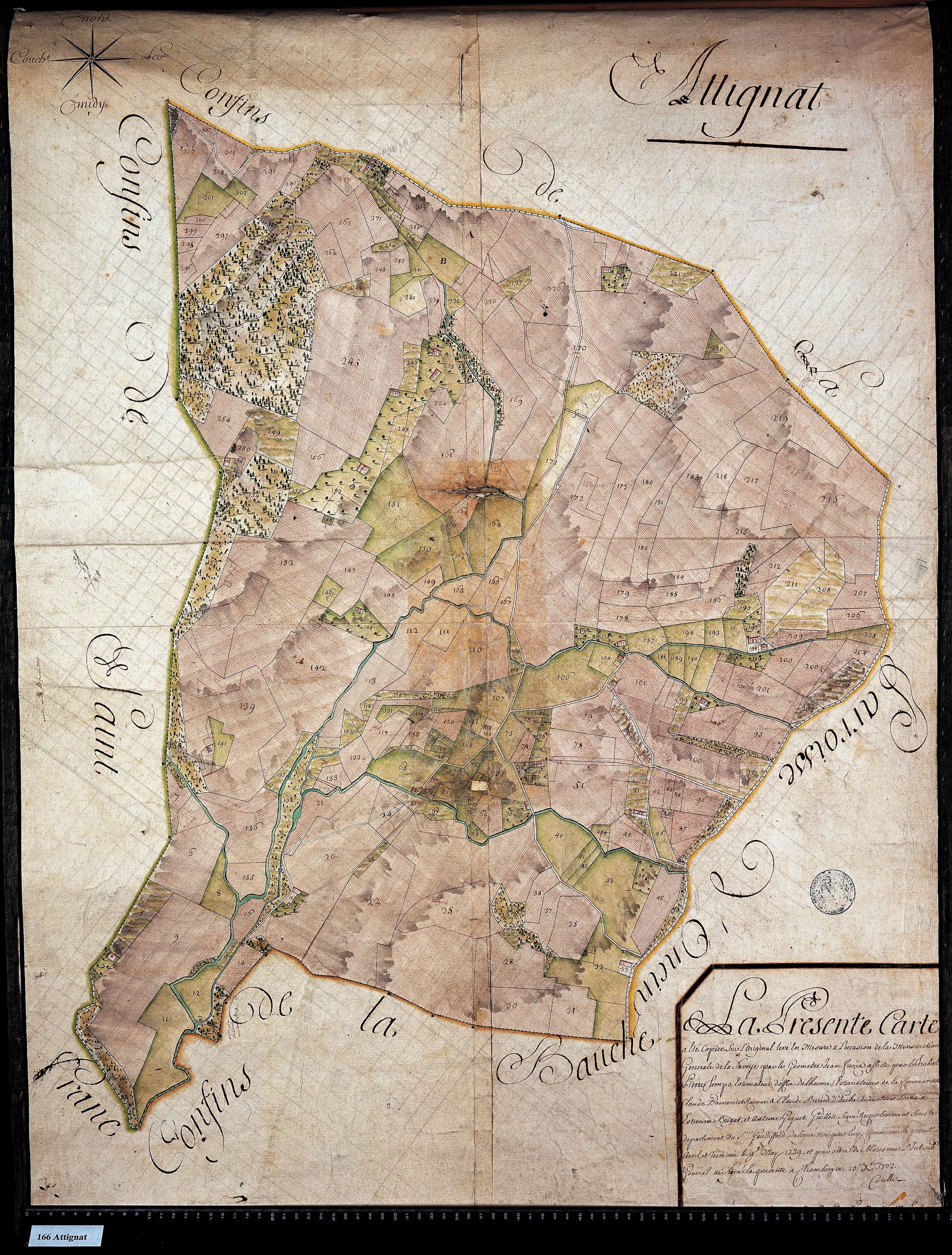 Attignat-Oncin - Copie de la mappe originale (plan cadastral) de la commune d'Attignat. Signée Cocelli, directeur du bureau de la péréquation.
