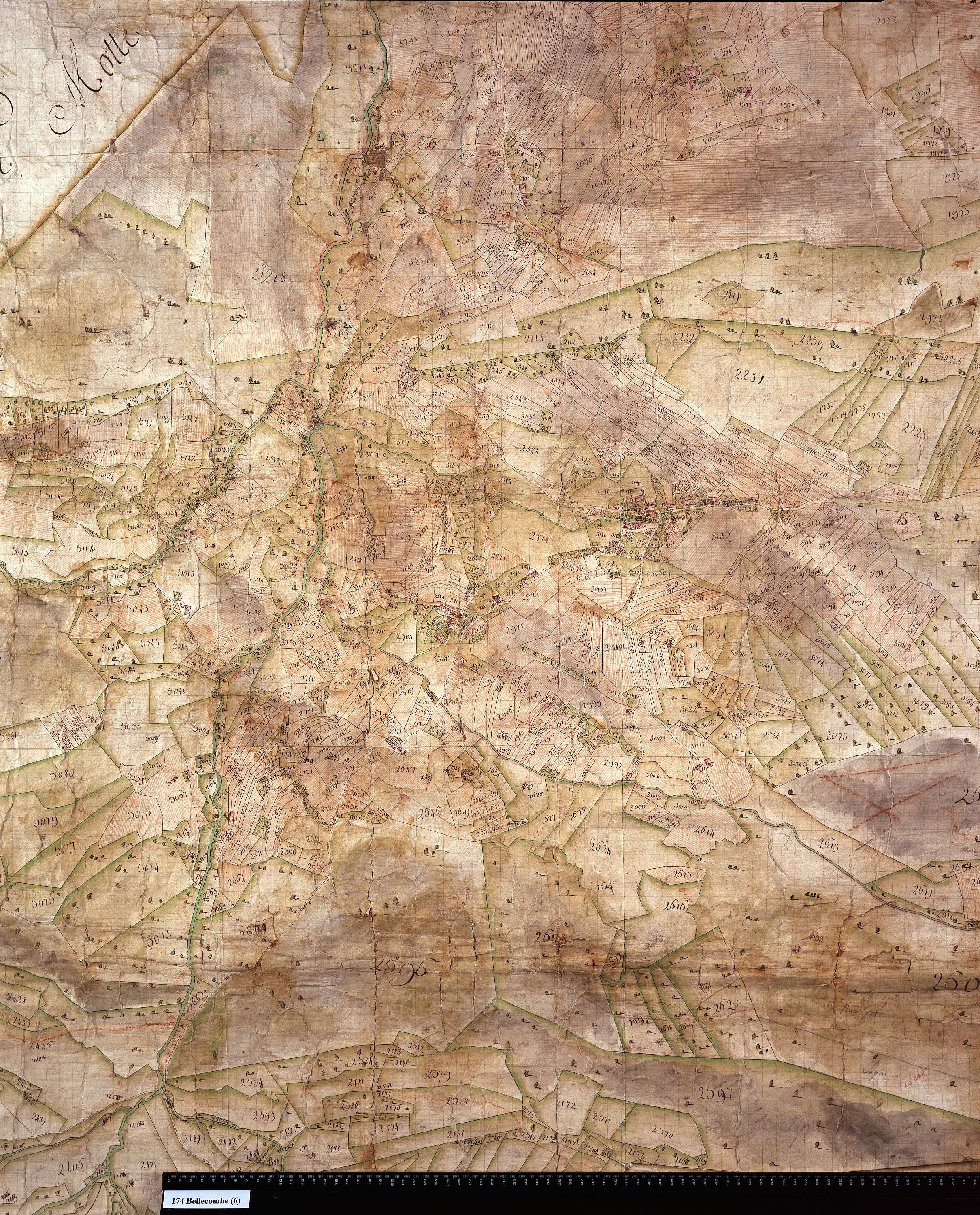 Bellecombe-en-Bauges - Copie de la mappe originale (plan cadastral) de la commune de Bellecombe en Beauges. Signée Cocelli, directeur du bureau de la péréquation.