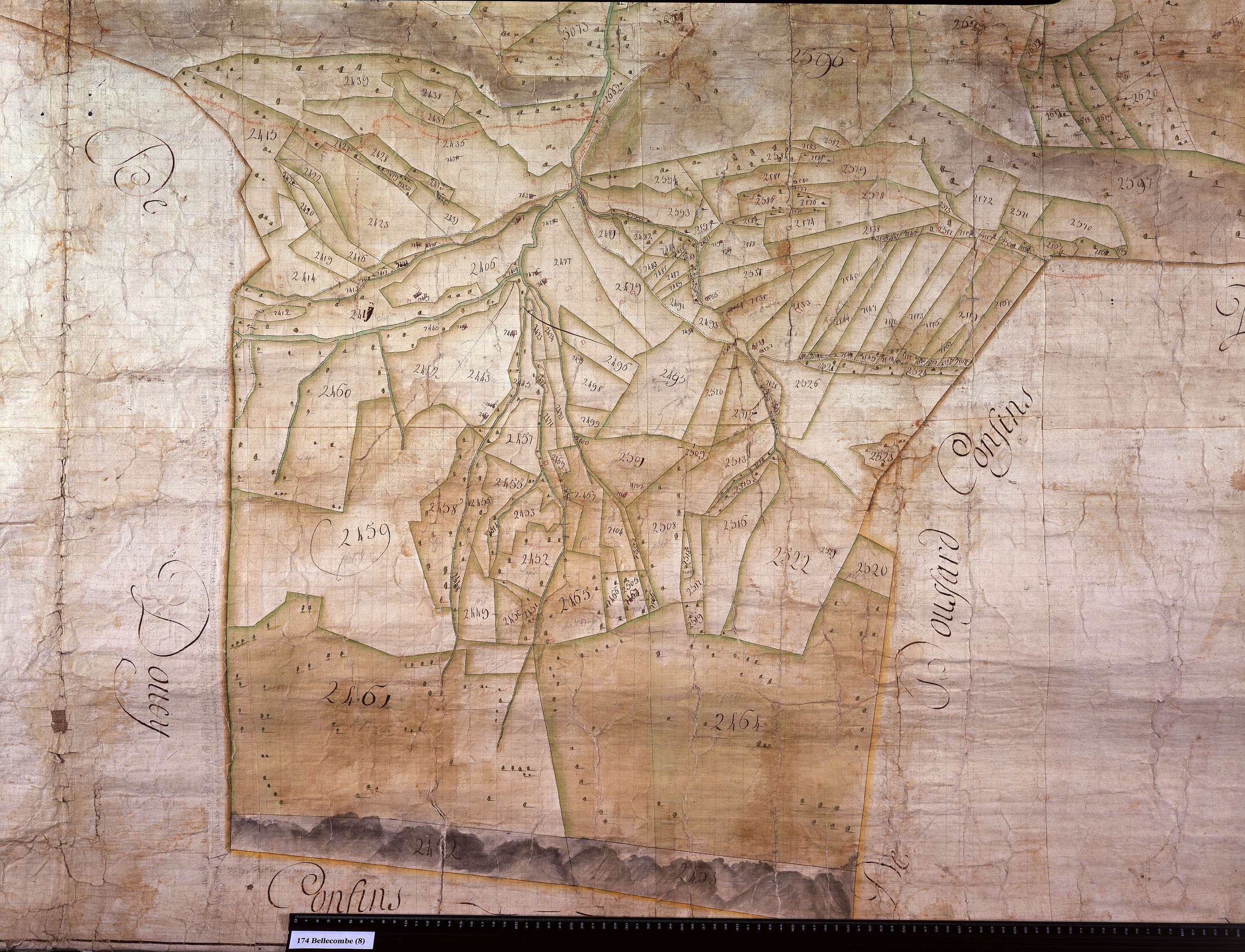 Bellecombe-en-Bauges - Copie de la mappe originale (plan cadastral) de la commune de Bellecombe en Beauges. Signée Cocelli, directeur du bureau de la péréquation.