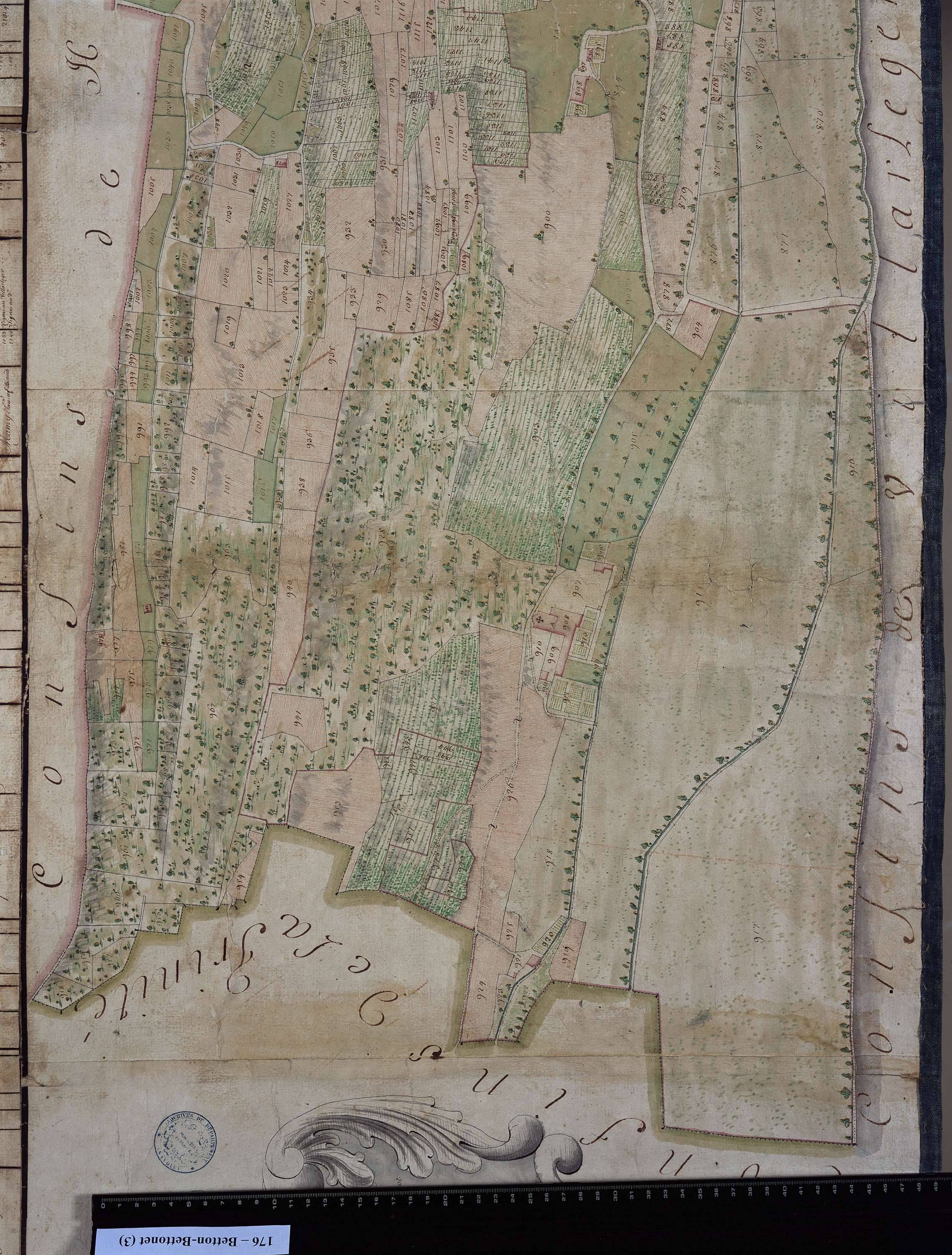 Betton-Bettonet - Copie de la mappe originale (plan cadastral) de la commune de Betton-Bettonnet. Signé Destefanis, géomètre, et Audibert, quartier-maître général.