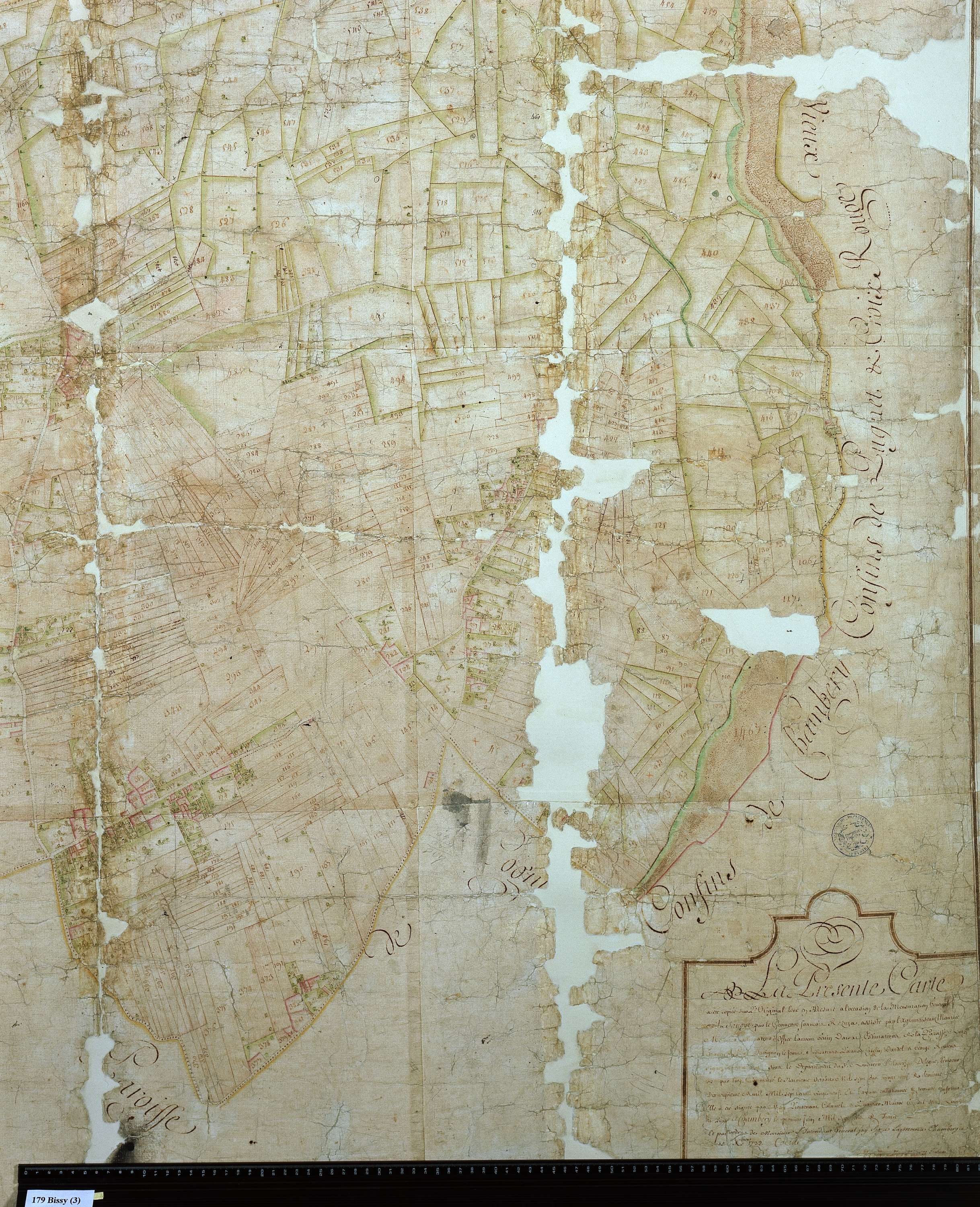 Chambéry - Copie de la mappe originale (plan cadastral) de la commune de Bissy. Signée Cocelli, directeur du bureau de la péréquation.