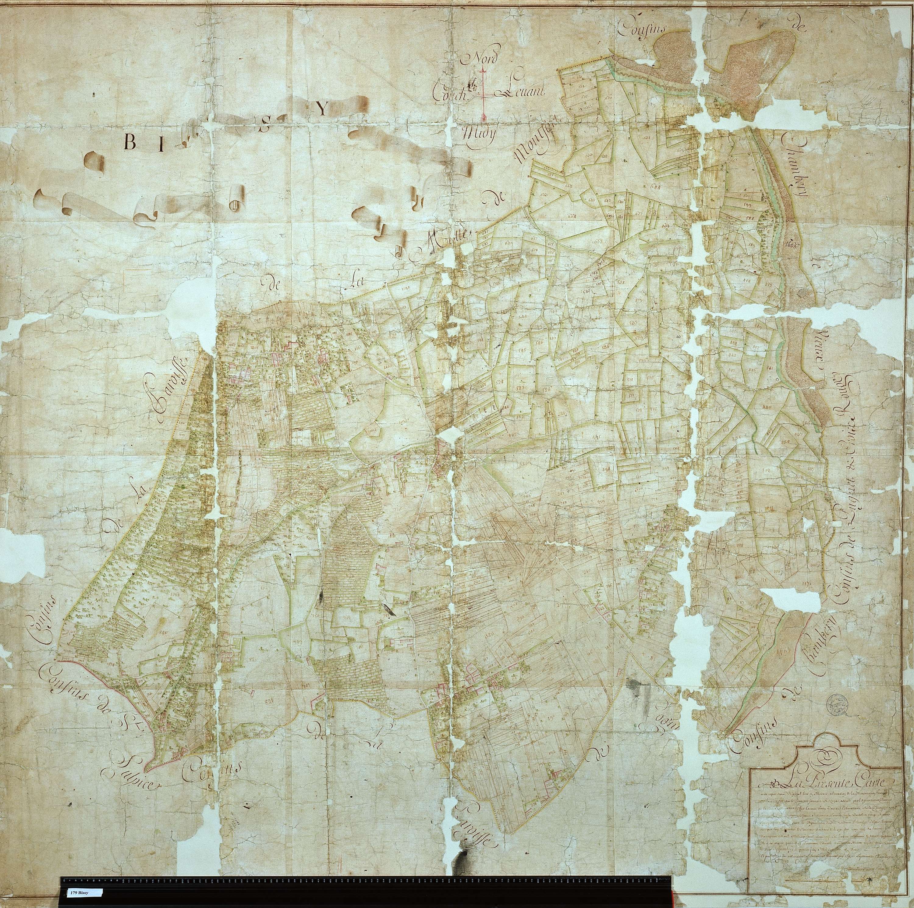 Chambéry - Copie de la mappe originale (plan cadastral) de la commune de Bissy. Signée Cocelli, directeur du bureau de la péréquation.