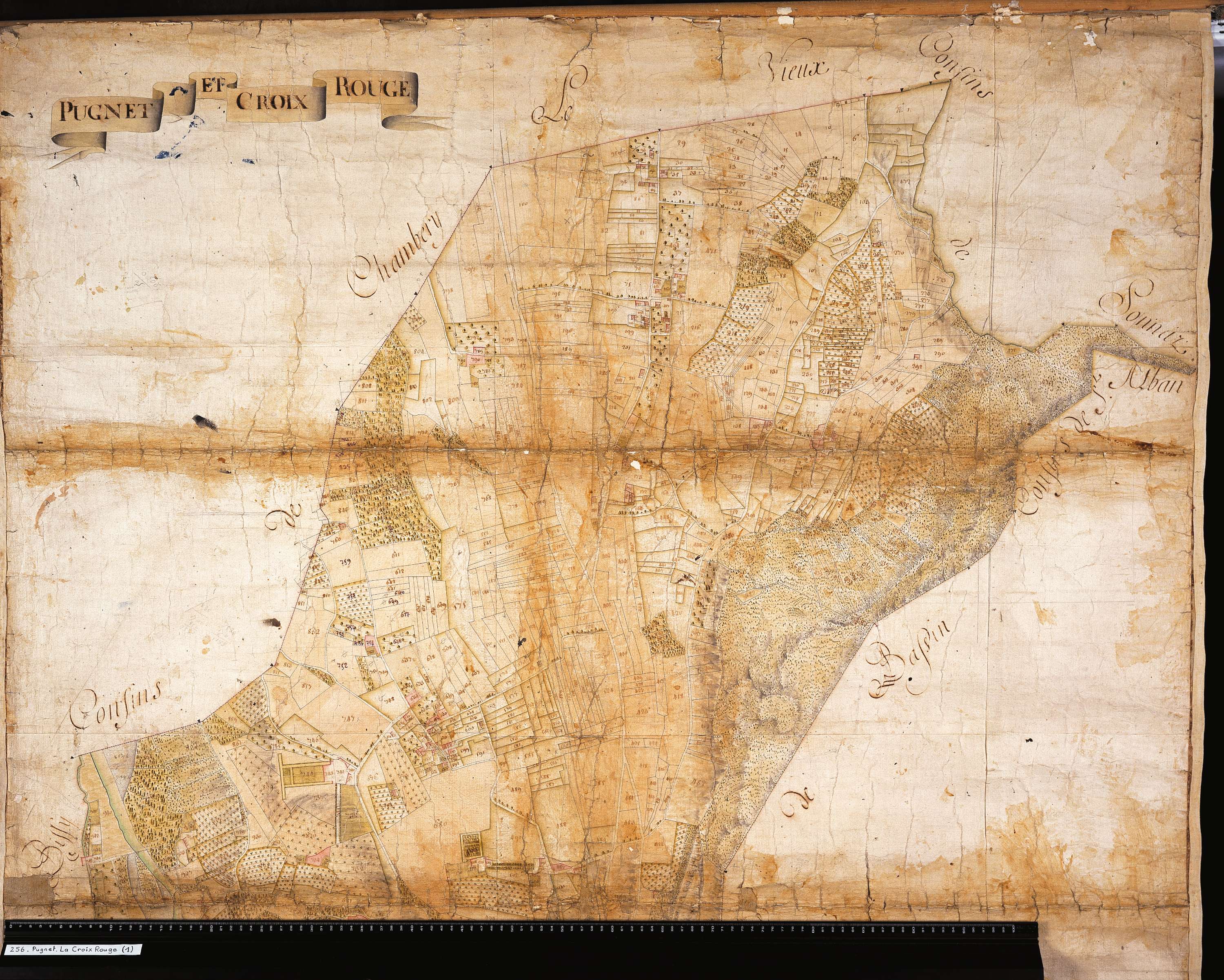 Chambéry - Copie de la mappe originale (plan cadastral) de la commune de Pugnet-la-Croix-Rouge. Signée Cocelli, directeur de la péréquation.
