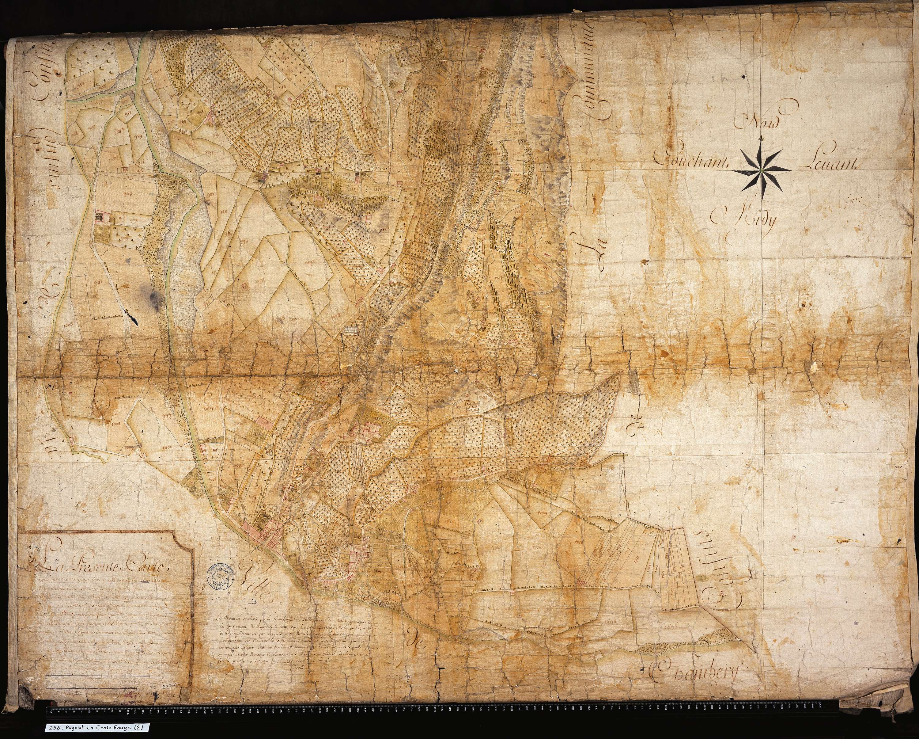 Chambéry - Copie de la mappe originale (plan cadastral) de la commune de Pugnet-la-Croix-Rouge. Signée Cocelli, directeur de la péréquation.