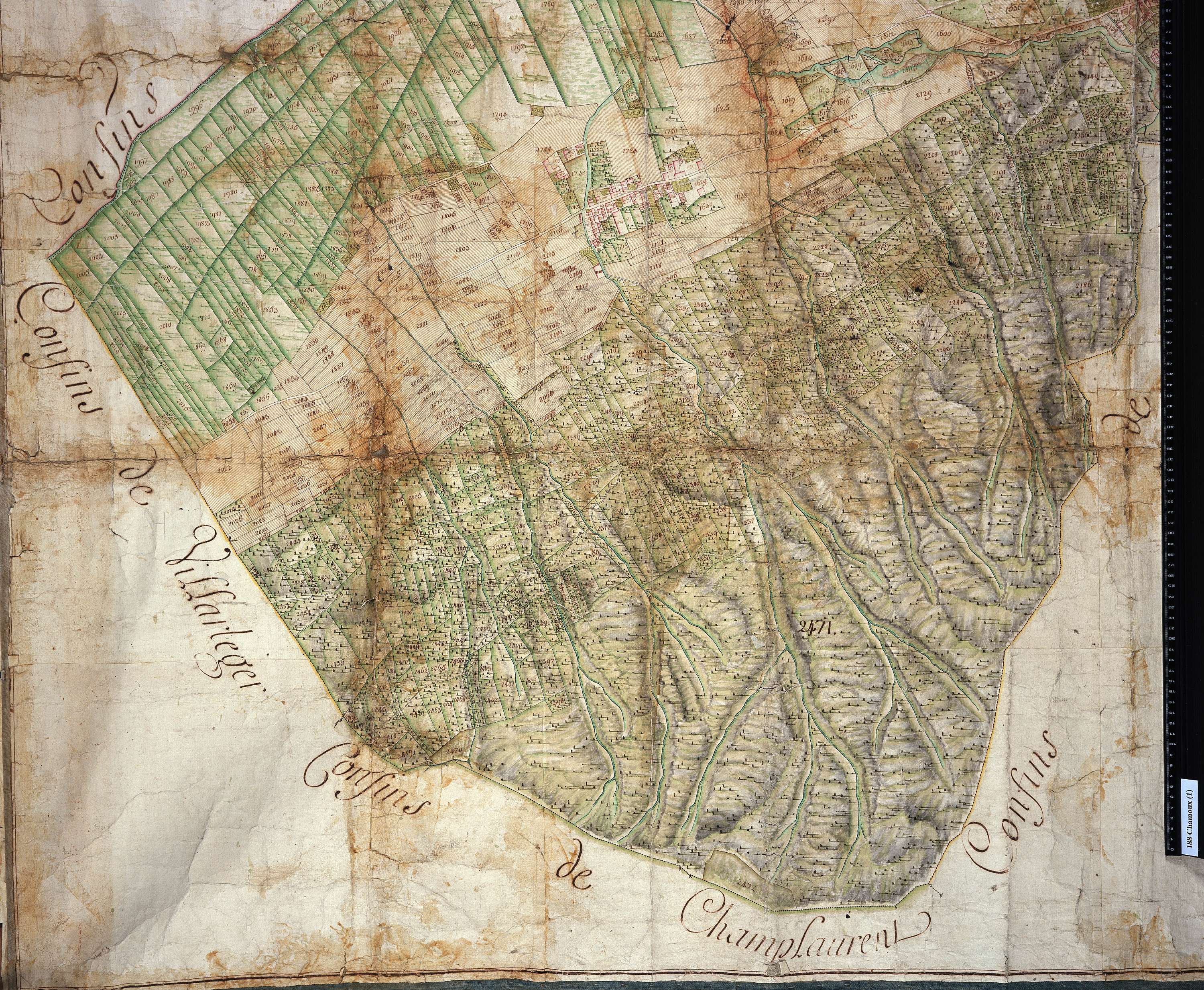 Chamoux-sur-Gelon - Copie de la mappe originale (plan cadastral) de la commune de Chamoux. Signée Cocelli, directeur du bureau de la péréquation générale.