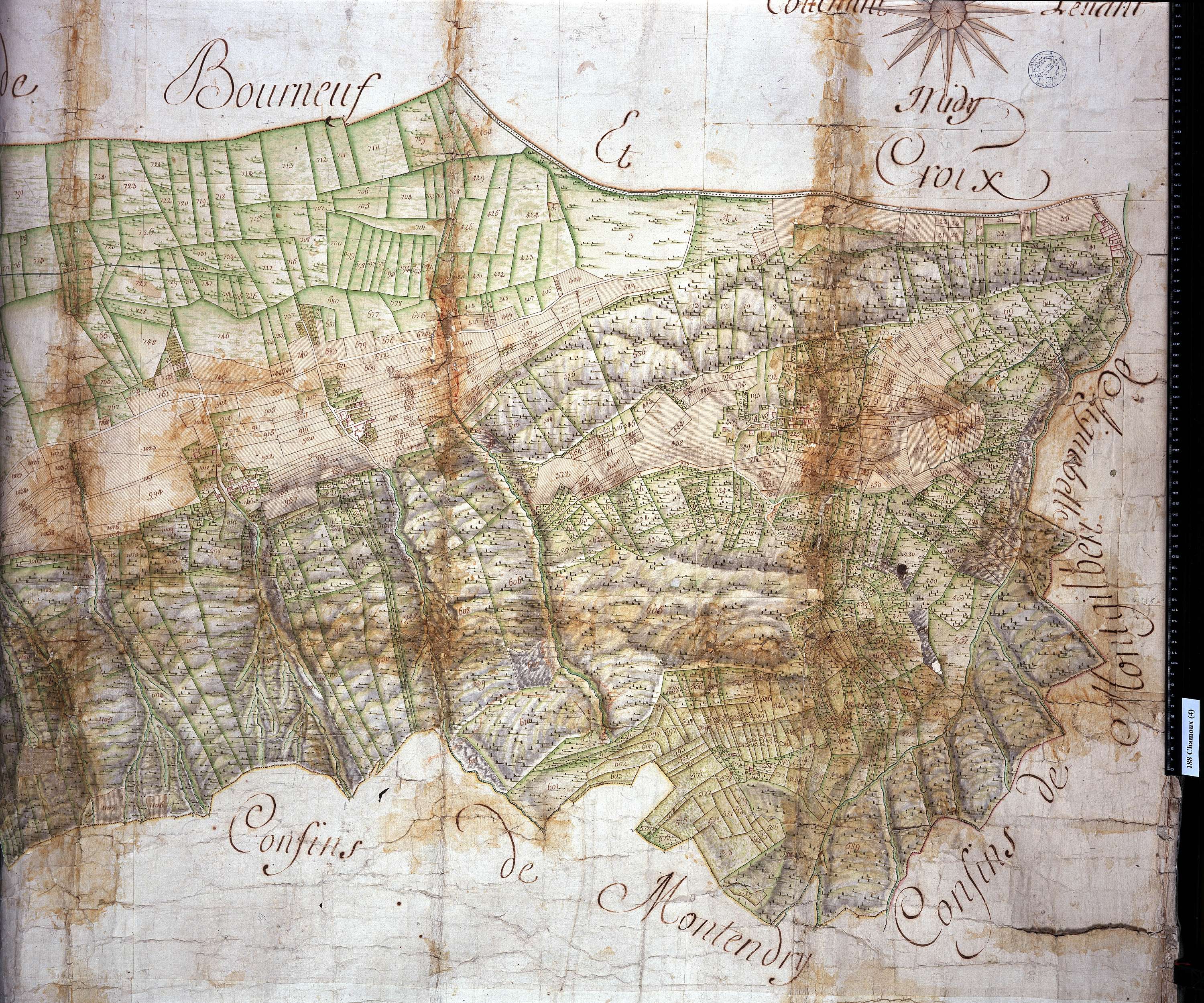 Chamoux-sur-Gelon - Copie de la mappe originale (plan cadastral) de la commune de Chamoux. Signée Cocelli, directeur du bureau de la péréquation générale.