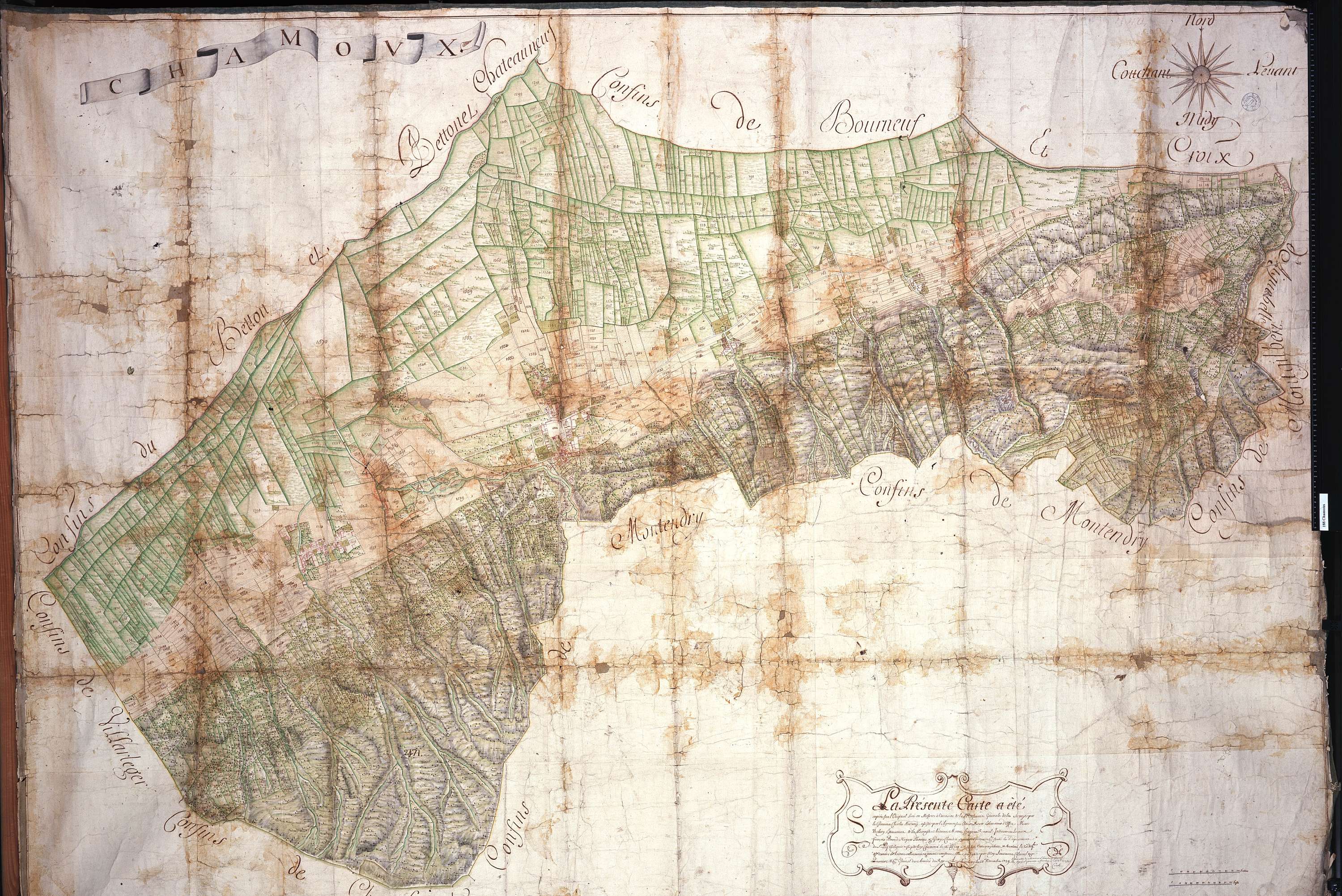 Chamoux-sur-Gelon - Copie de la mappe originale (plan cadastral) de la commune de Chamoux. Signée Cocelli, directeur du bureau de la péréquation générale.