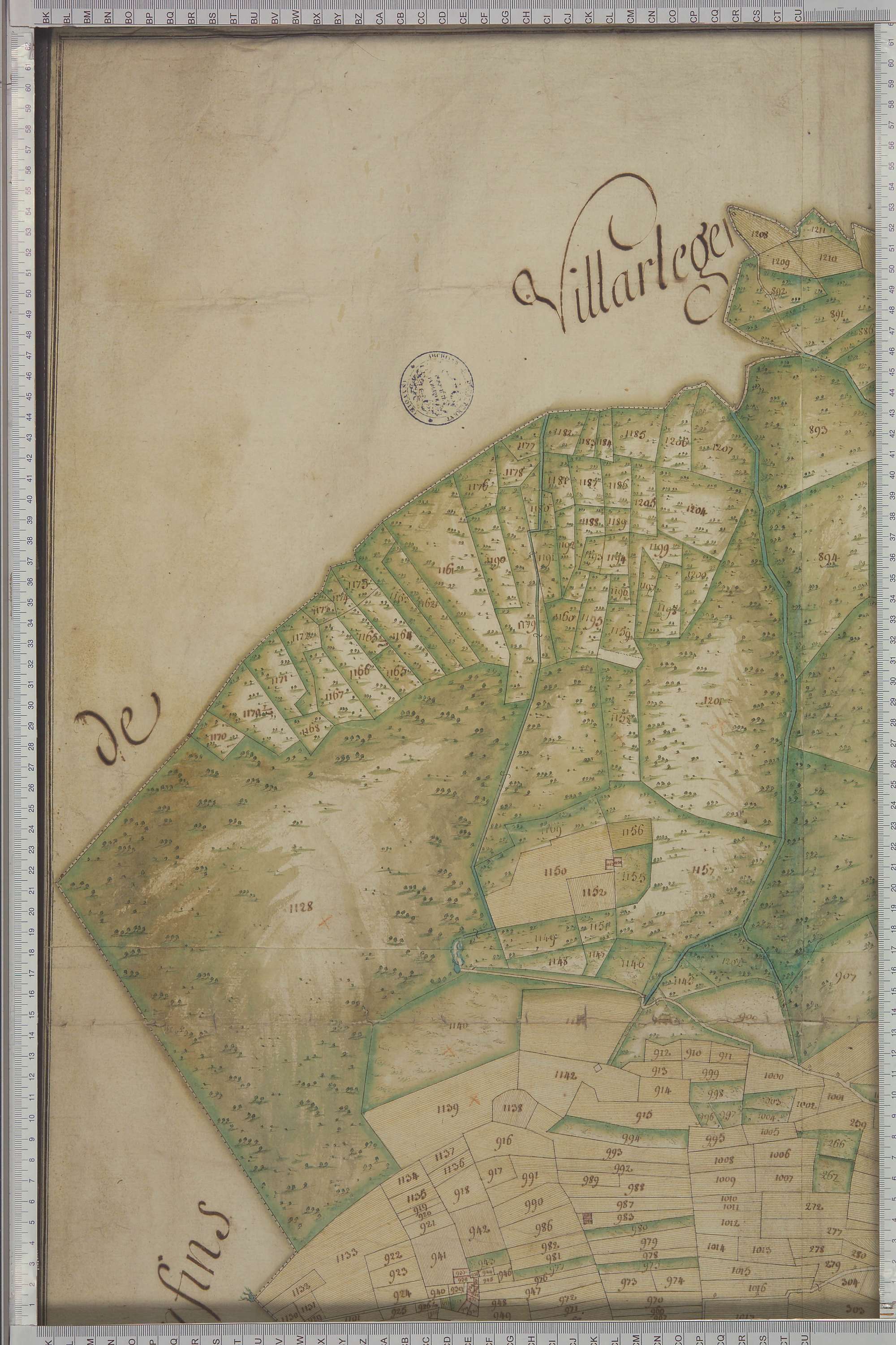 Champ-Laurent - Copie de la mappe originale (plan cadastral) de la commune de Champlaurent. Signée Cocelli, directeur de la péréquation générale.