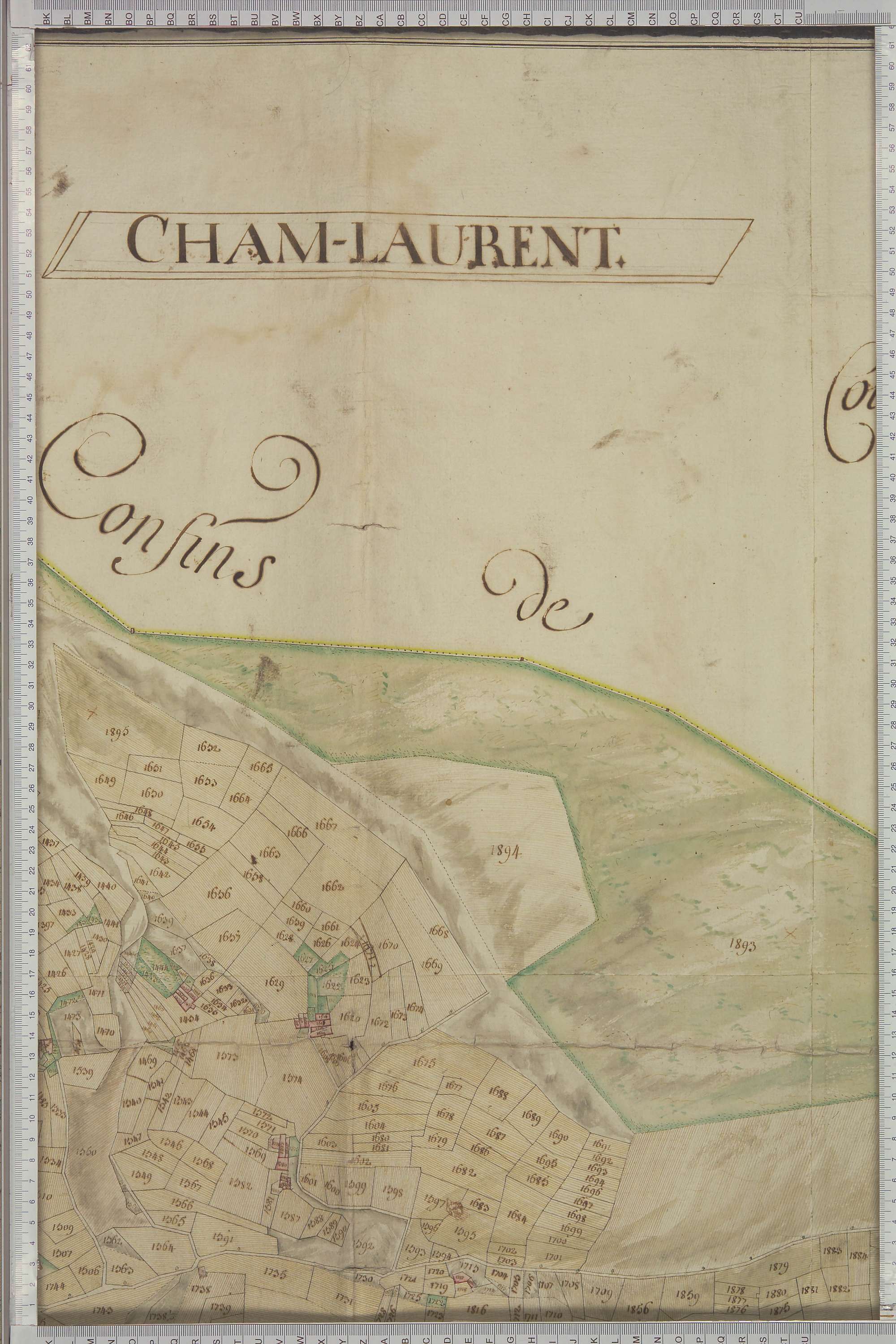Champ-Laurent - Copie de la mappe originale (plan cadastral) de la commune de Champlaurent. Signée Cocelli, directeur de la péréquation générale.
