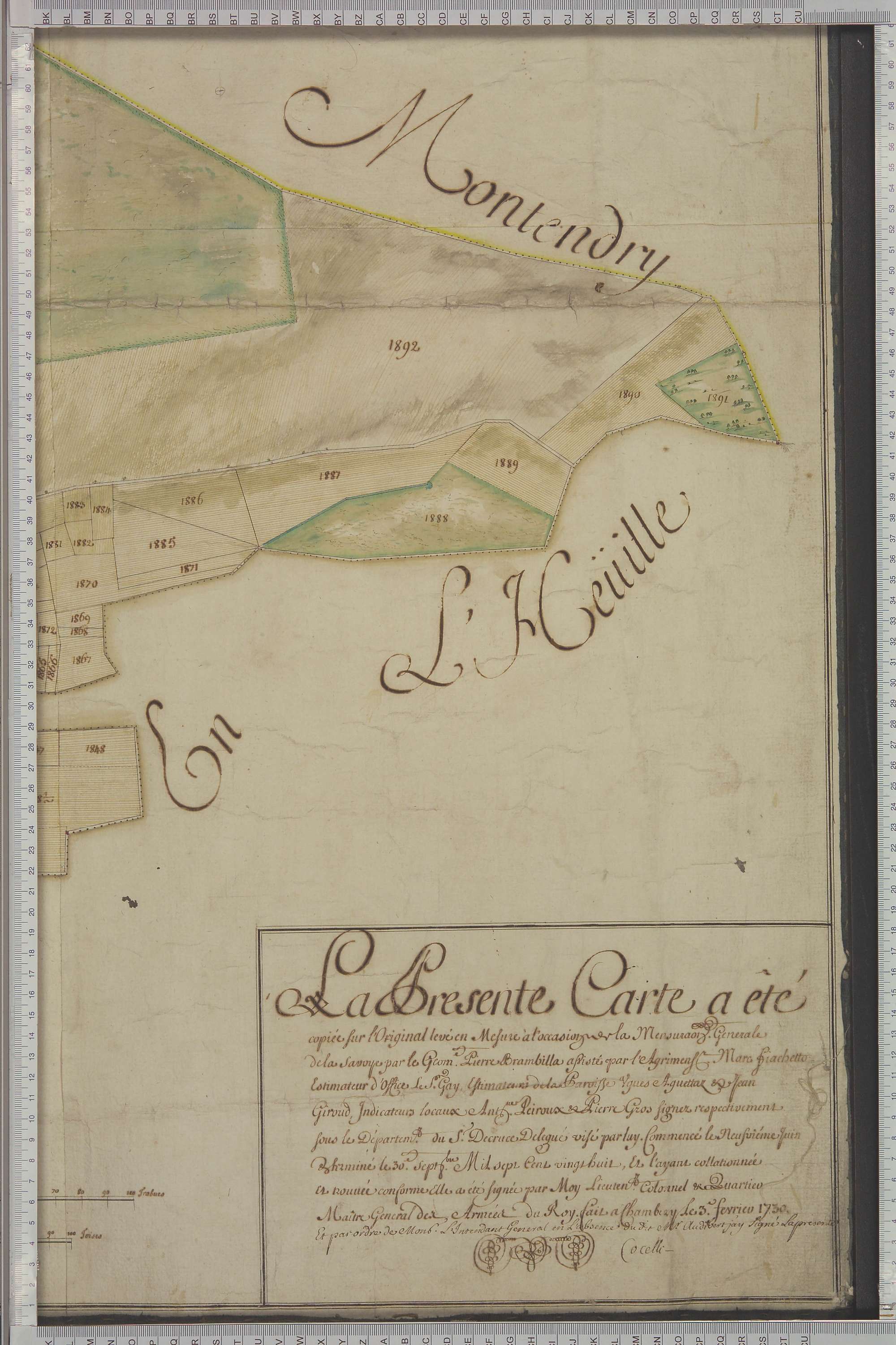 Champ-Laurent - Copie de la mappe originale (plan cadastral) de la commune de Champlaurent. Signée Cocelli, directeur de la péréquation générale.