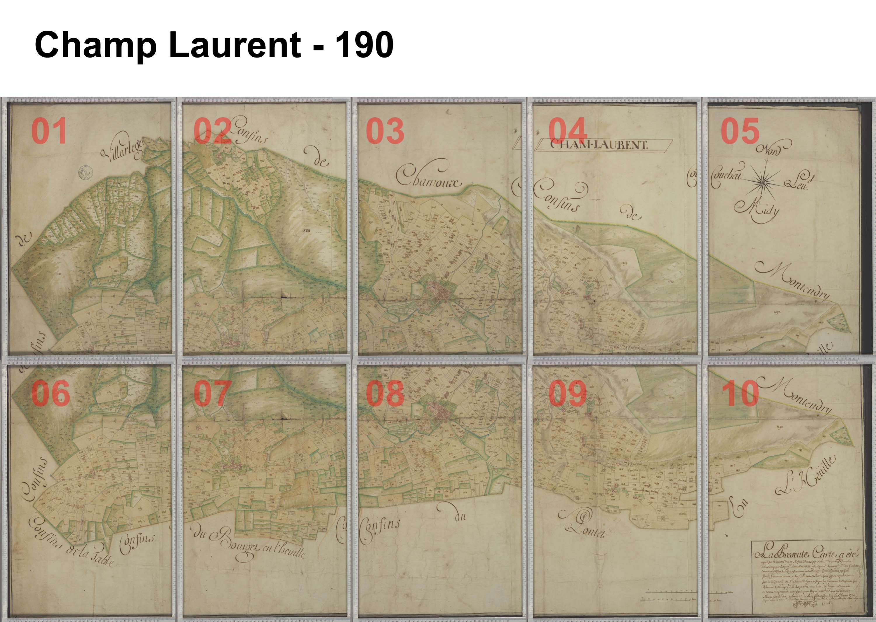 Champ-Laurent - Copie de la mappe originale (plan cadastral) de la commune de Champlaurent. Signée Cocelli, directeur de la péréquation générale.
