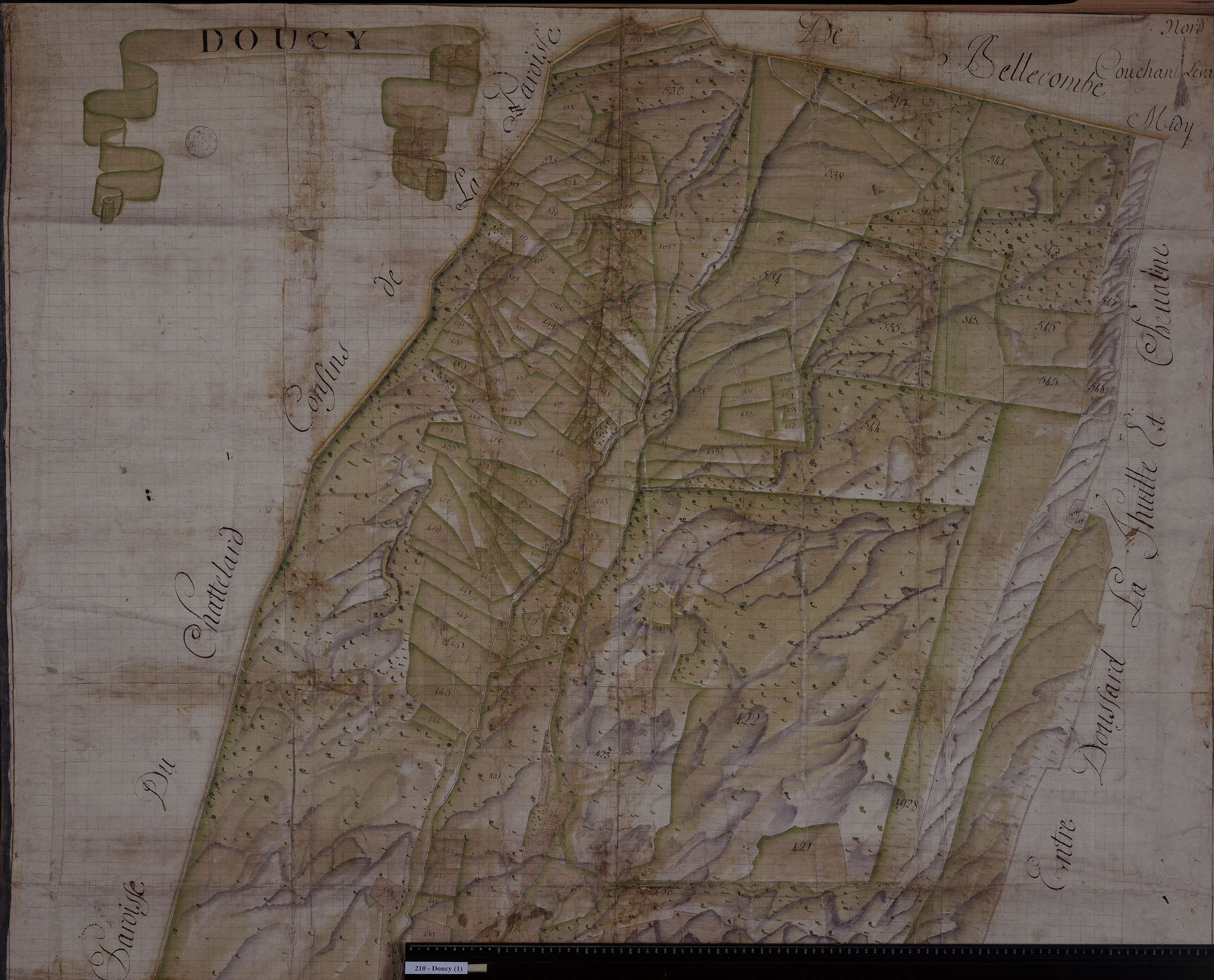 Doucy-en-Bauges - Copie de la mappe originale (plan cadastral) de la commune de Doucy en Beauges. Signée Cocelli, directeur de la péréquation.