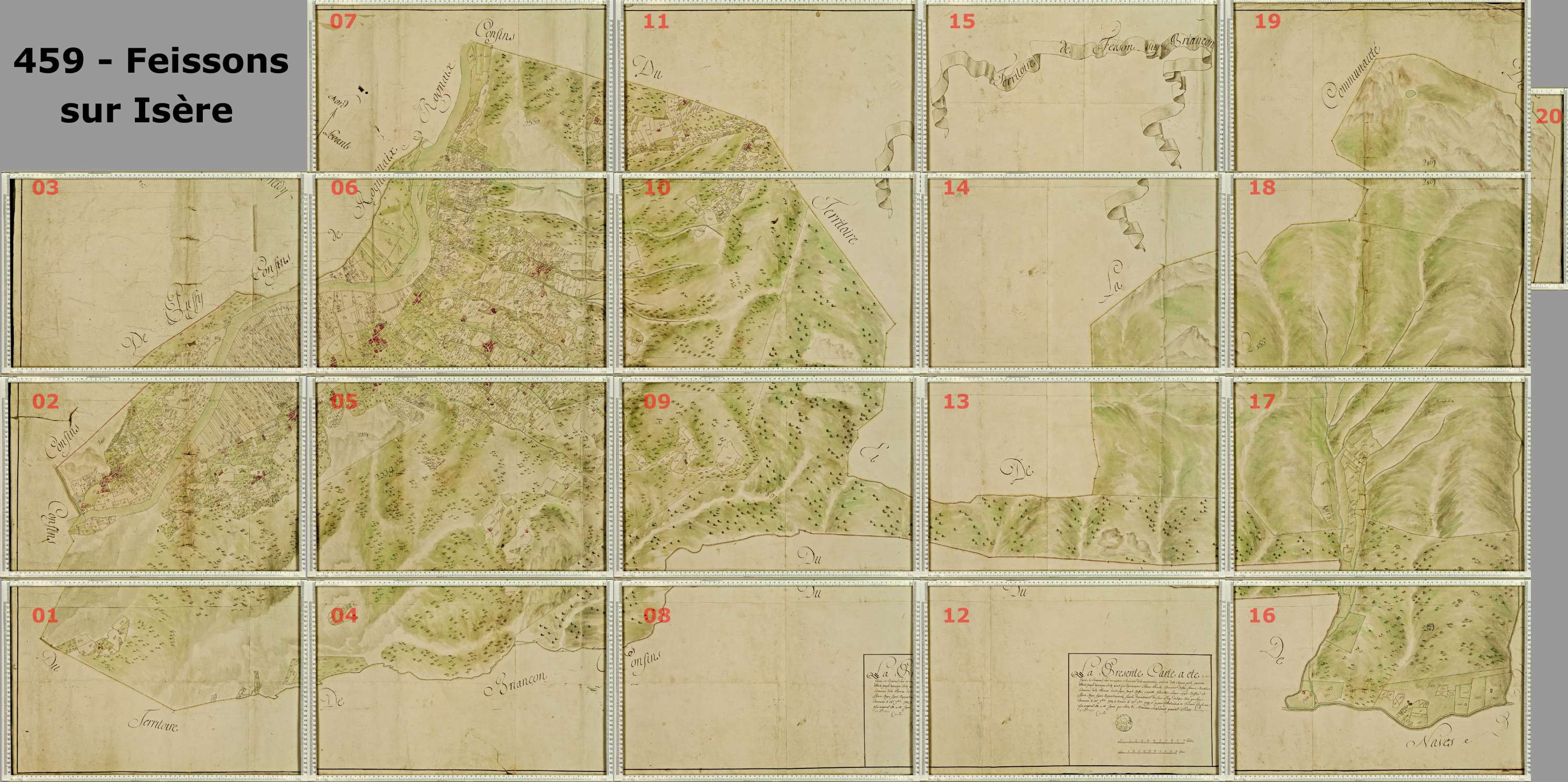 Feissons-sur-Isère - Copie de la mappe originale (plan cadastral) de la commune de Fessons-sous-Briançon. Signée Cocelli, directeur de la péréquation.