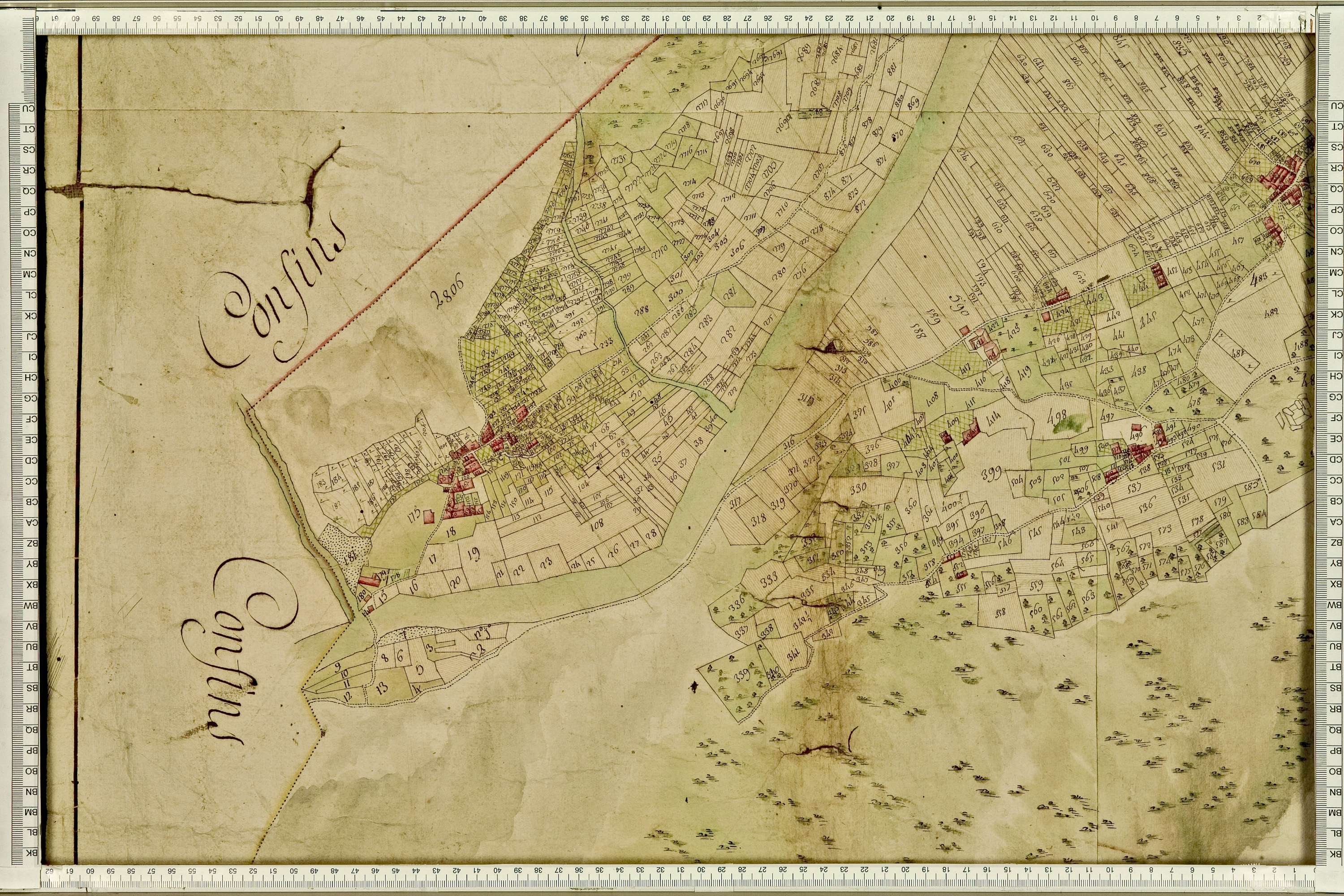 Feissons-sur-Isère - Copie de la mappe originale (plan cadastral) de la commune de Fessons-sous-Briançon. Signée Cocelli, directeur de la péréquation.