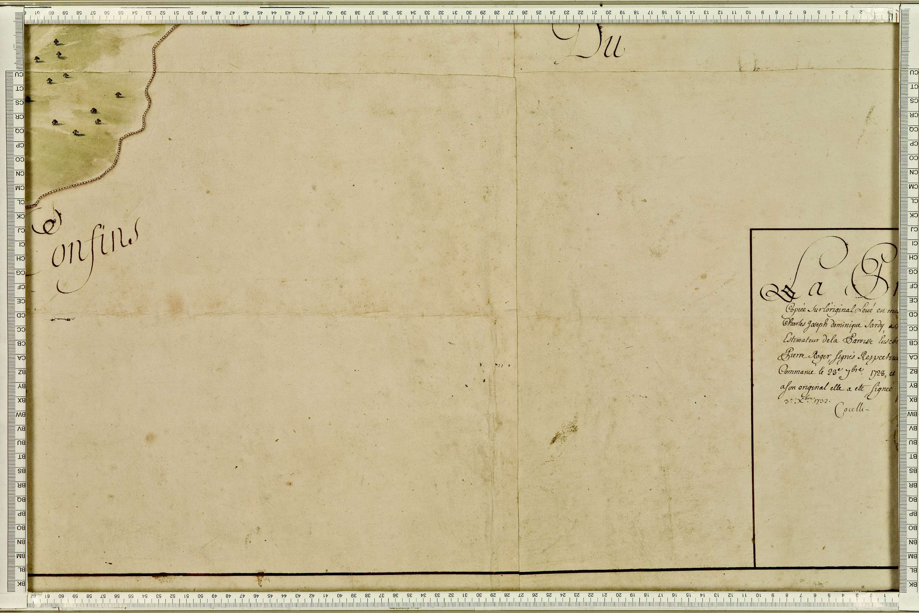 Feissons-sur-Isère - Copie de la mappe originale (plan cadastral) de la commune de Fessons-sous-Briançon. Signée Cocelli, directeur de la péréquation.