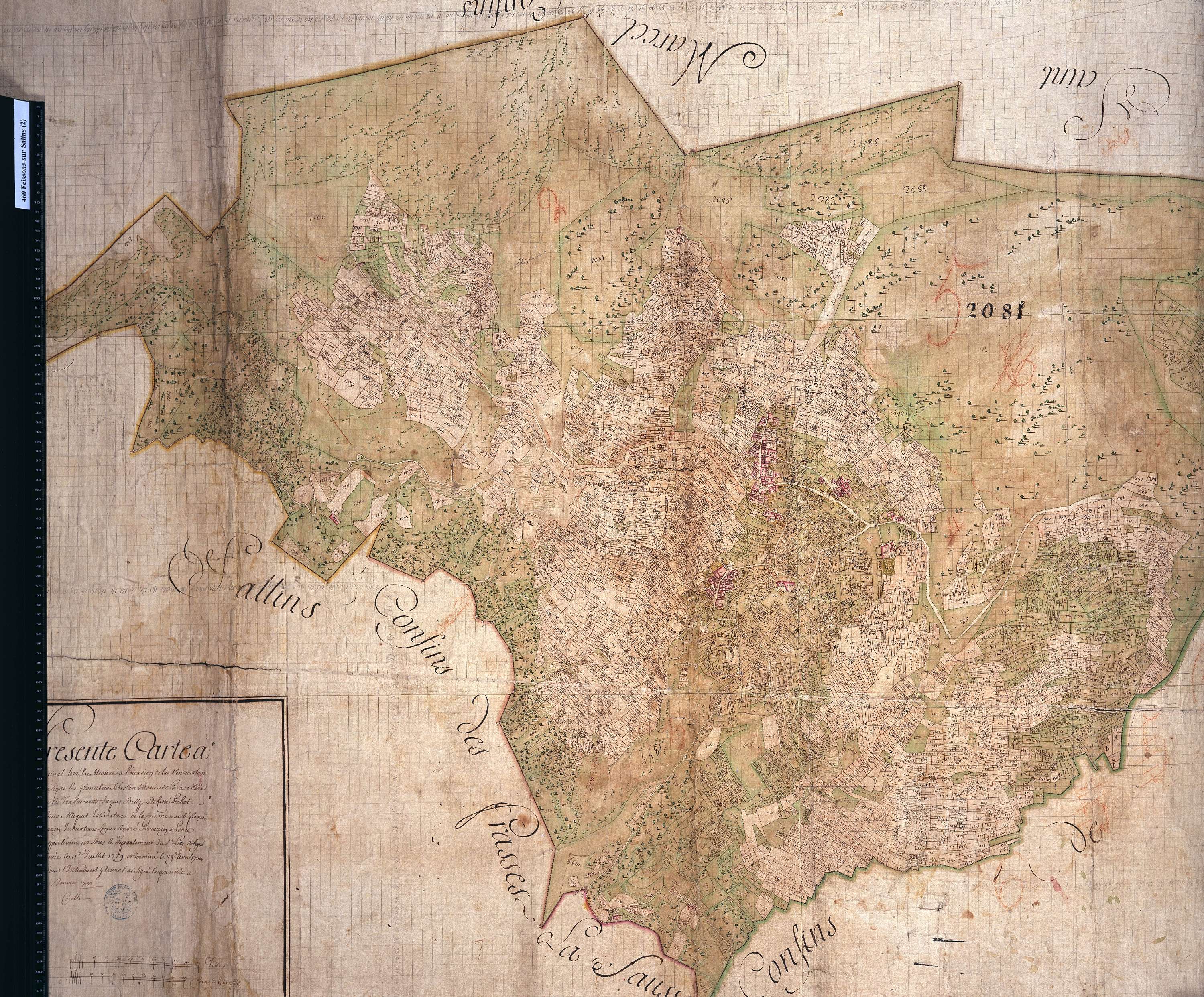 Feissons-sur-Salins - Copie de la mappe originale (plan cadastral) de la commune de Fessons-sur-Salins. Signée Cocelli, directeur de la péréquation.
