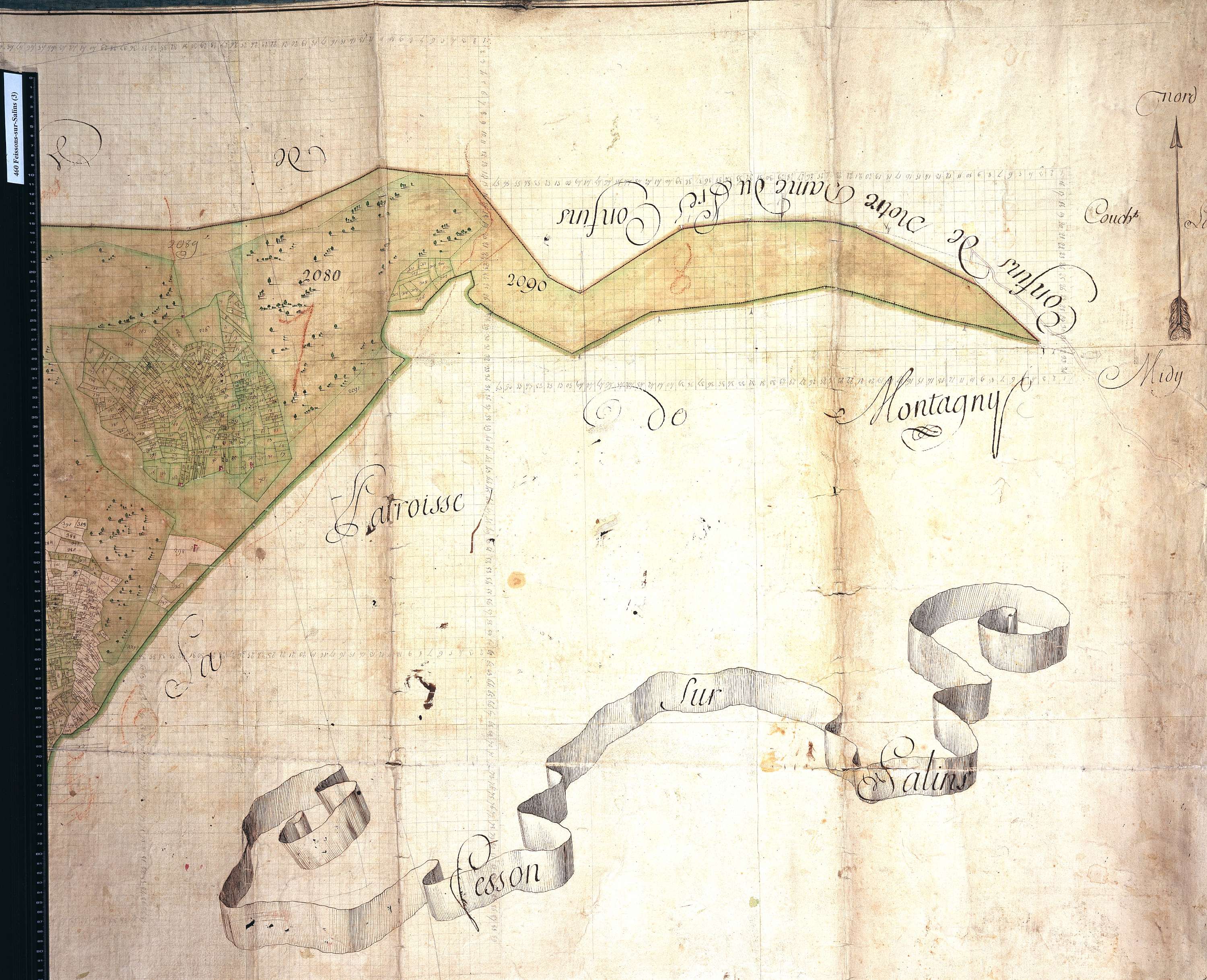 Feissons-sur-Salins - Copie de la mappe originale (plan cadastral) de la commune de Fessons-sur-Salins. Signée Cocelli, directeur de la péréquation.