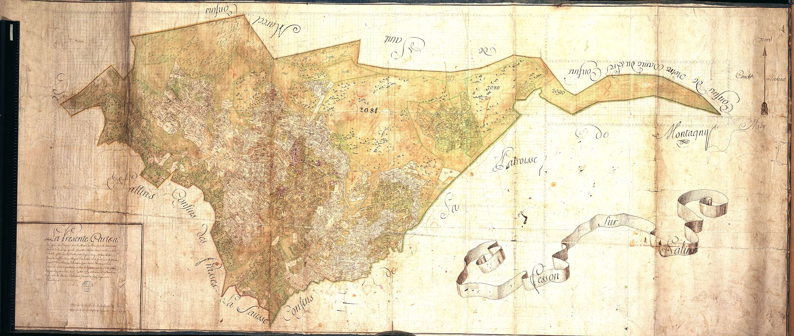 Feissons-sur-Salins - Copie de la mappe originale (plan cadastral) de la commune de Fessons-sur-Salins. Signée Cocelli, directeur de la péréquation.