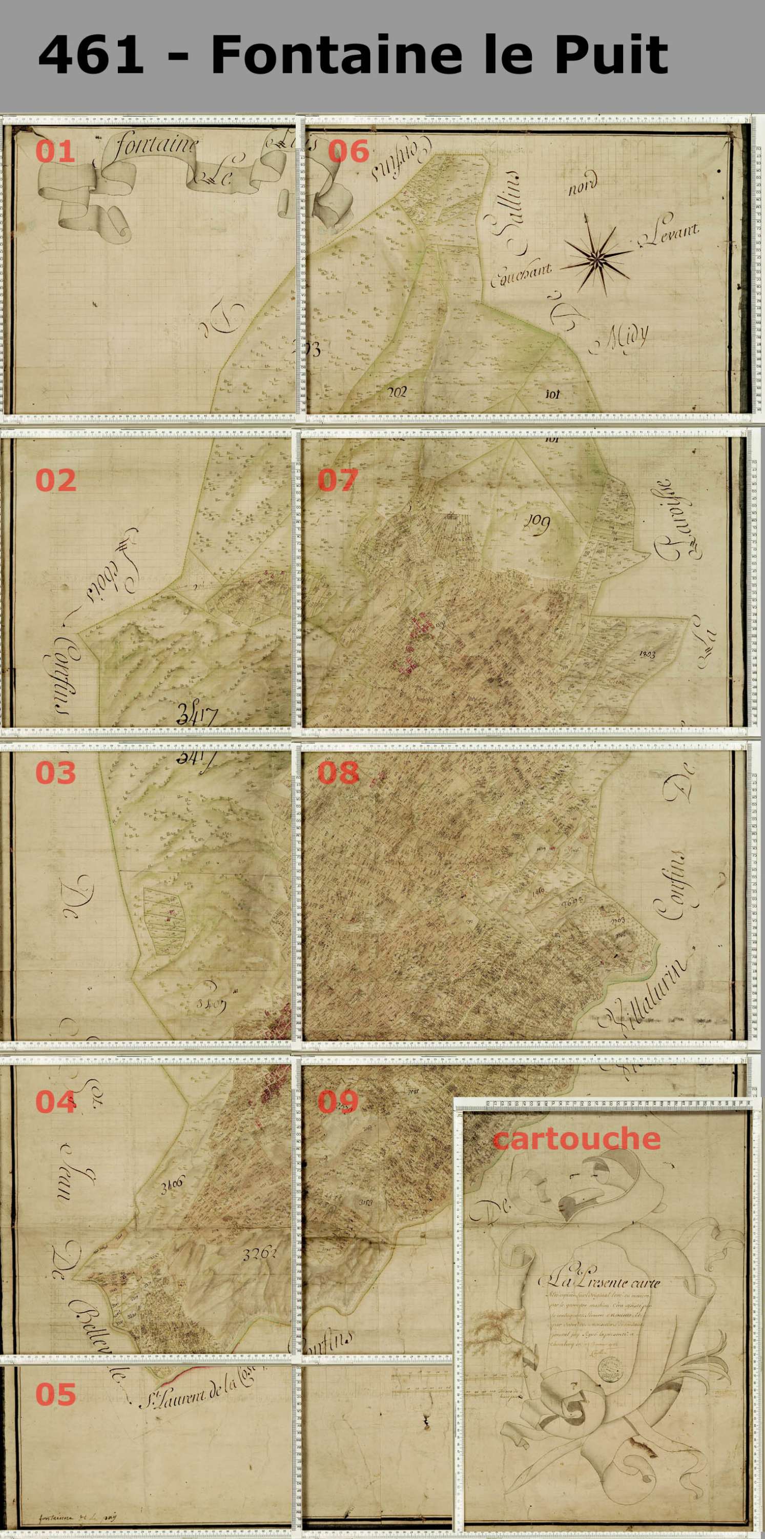 Fontaine-le-Puits - Copie de la mappe originale (plan cadastral) de la commune de Fontaine-le-Puy. Signée Cocelli, directeur de la péréquation.