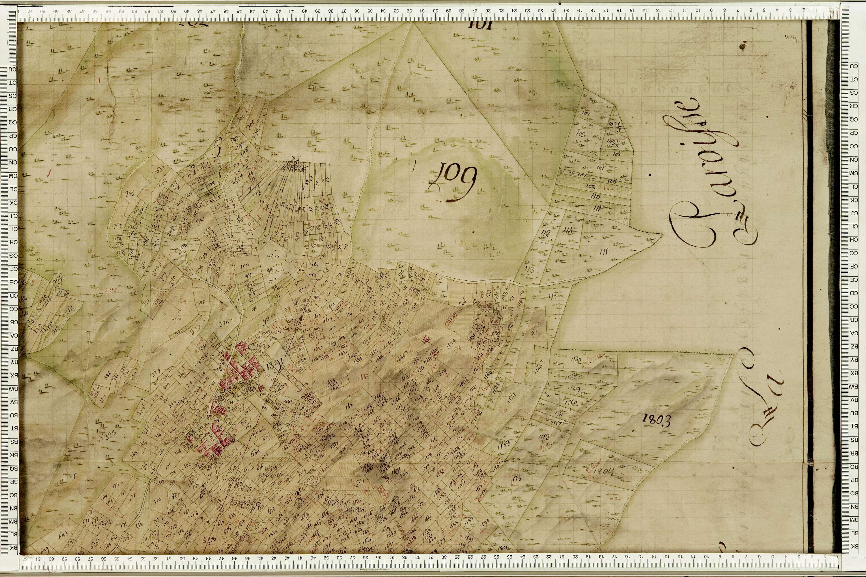 Fontaine-le-Puits - Copie de la mappe originale (plan cadastral) de la commune de Fontaine-le-Puy. Signée Cocelli, directeur de la péréquation.