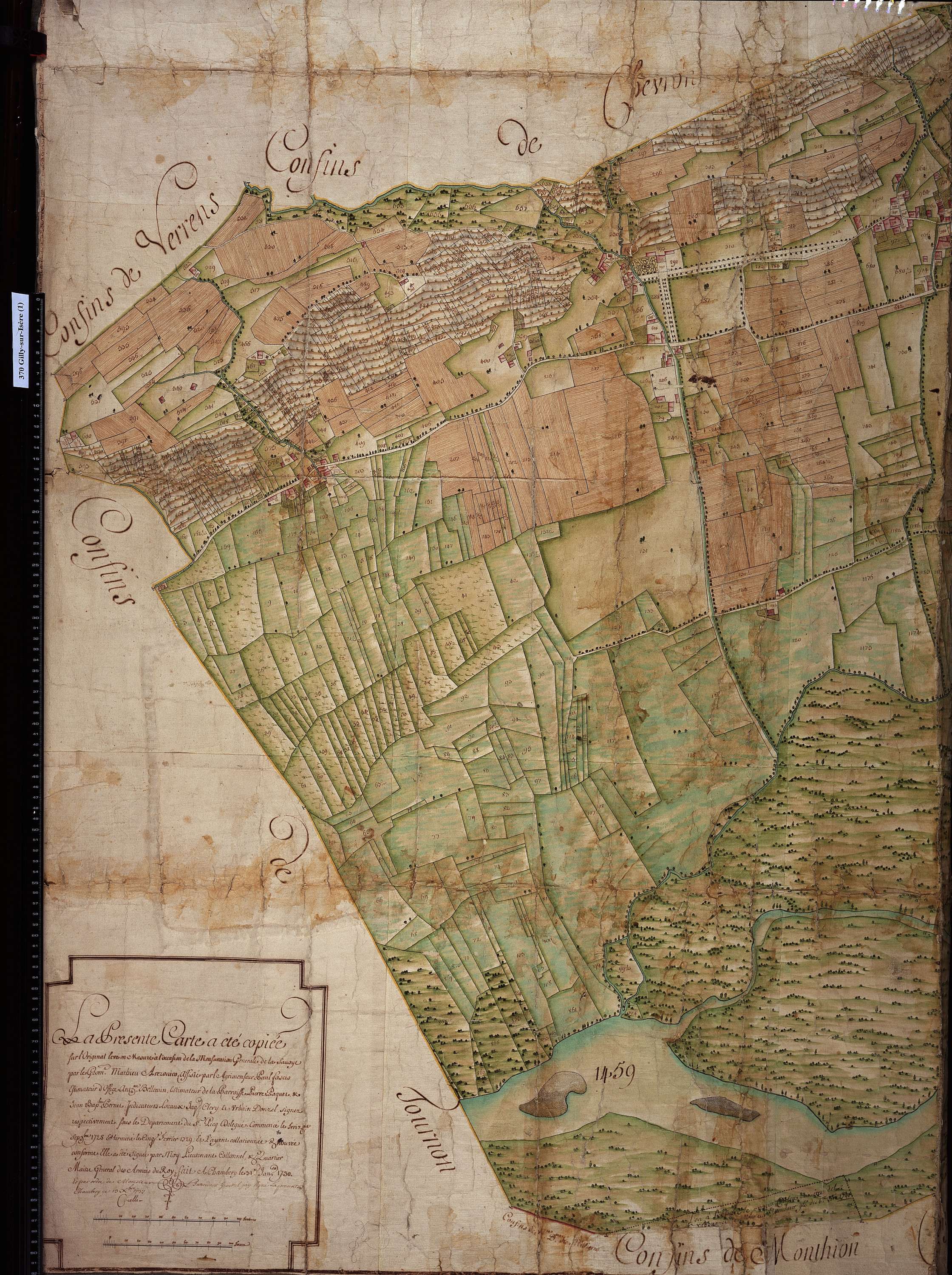 Gilly-sur-Isère - Copie de la mappe originale (plan cadastral) de la commune de Gilly. Signée Cocelli, directeur de la péréquation.