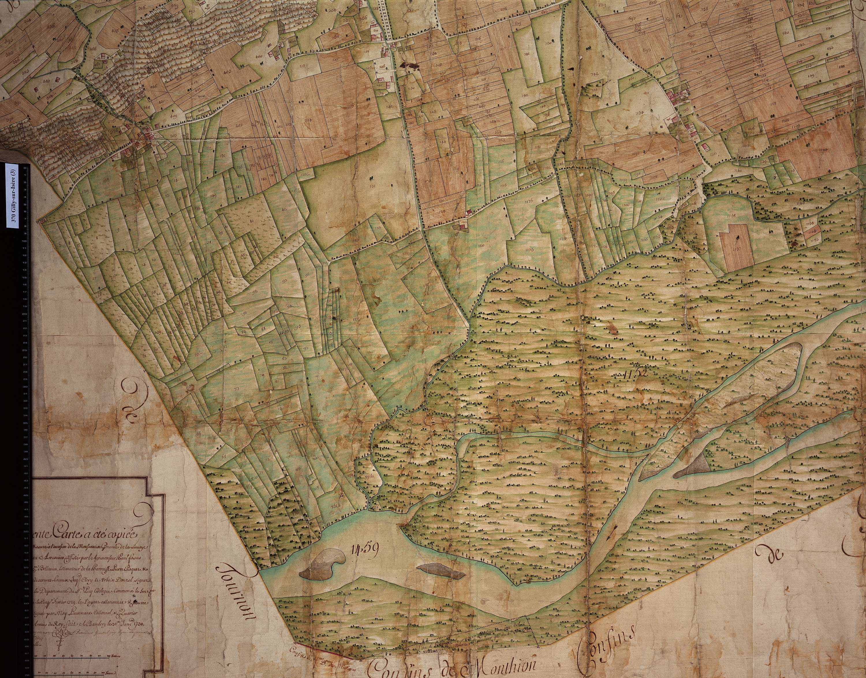 Gilly-sur-Isère - Copie de la mappe originale (plan cadastral) de la commune de Gilly. Signée Cocelli, directeur de la péréquation.