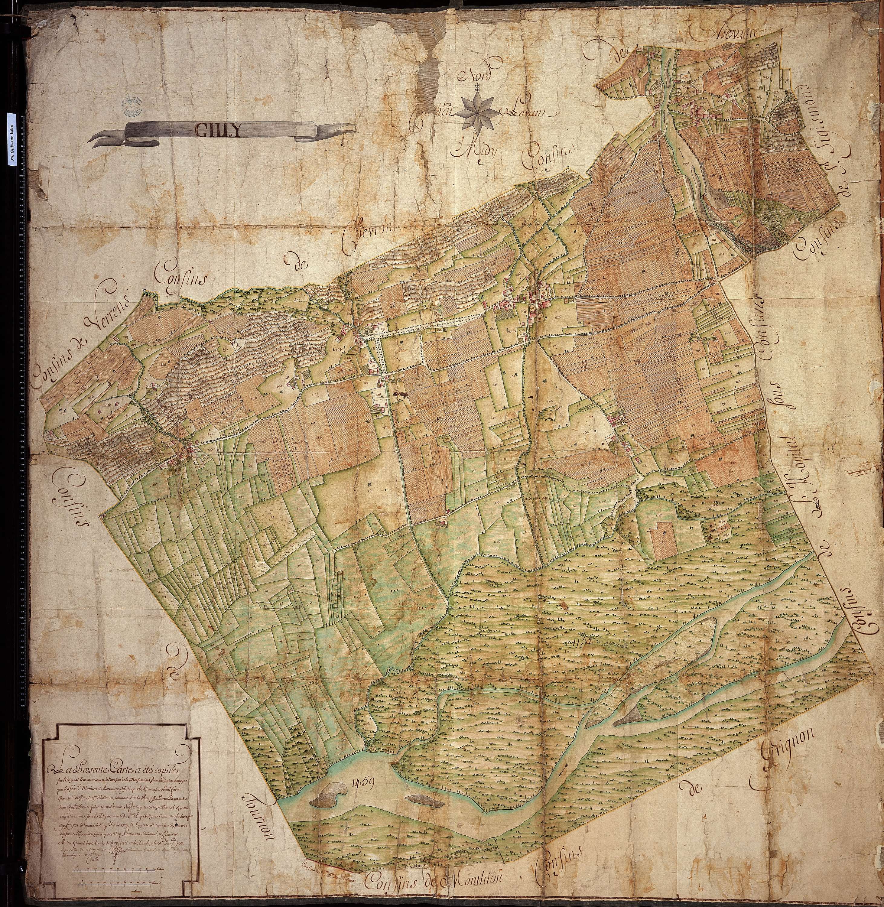 Gilly-sur-Isère - Copie de la mappe originale (plan cadastral) de la commune de Gilly. Signée Cocelli, directeur de la péréquation.