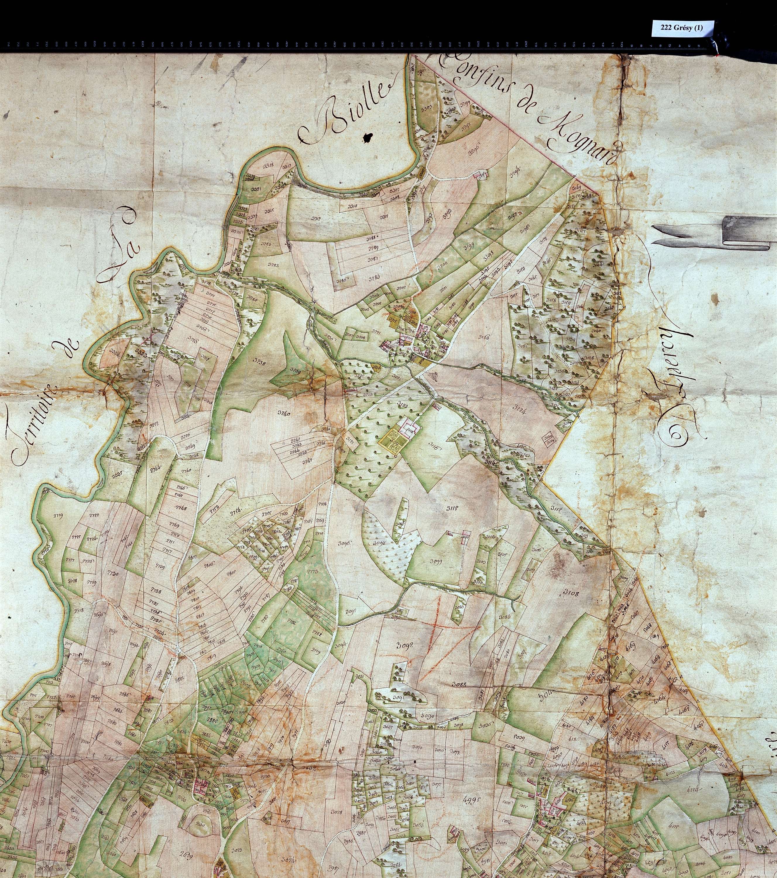 Grésy-sur-Aix - Copie de la mappe originale (plan cadastral) de la commune de Grézy-sur-Aix. Signée Cocelli, directeur de la péréquation générale.