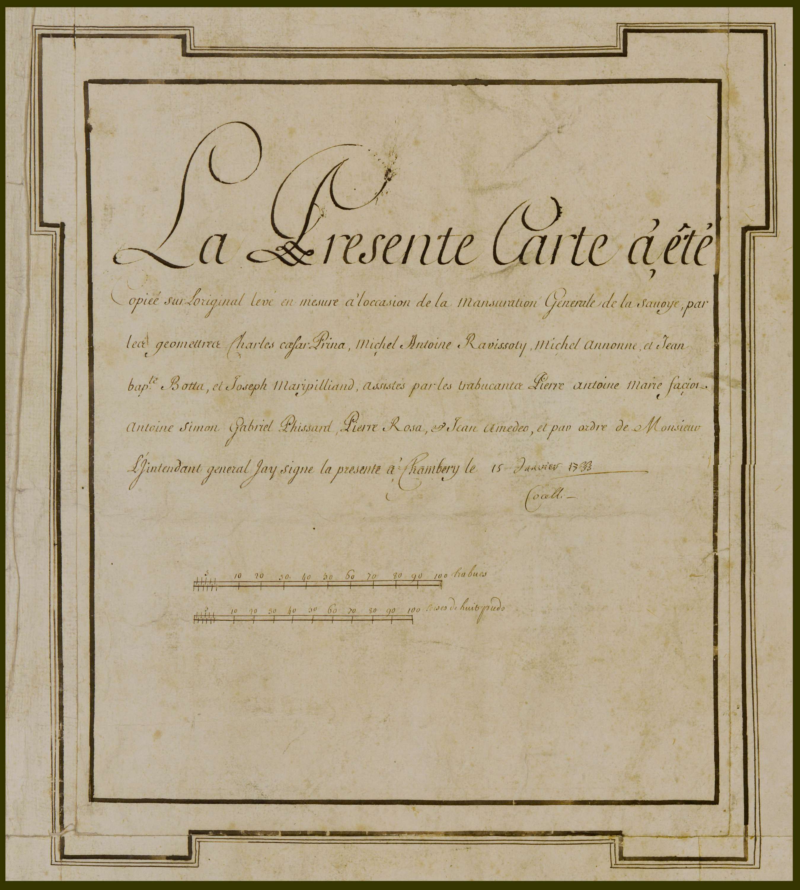 Lanslebourg-Mont-Cenis - Copie de la mappe originale (plan cadastral) de la commune de Lanslebourg. Signée Cocelli, directeur du bureau de la péréquation.